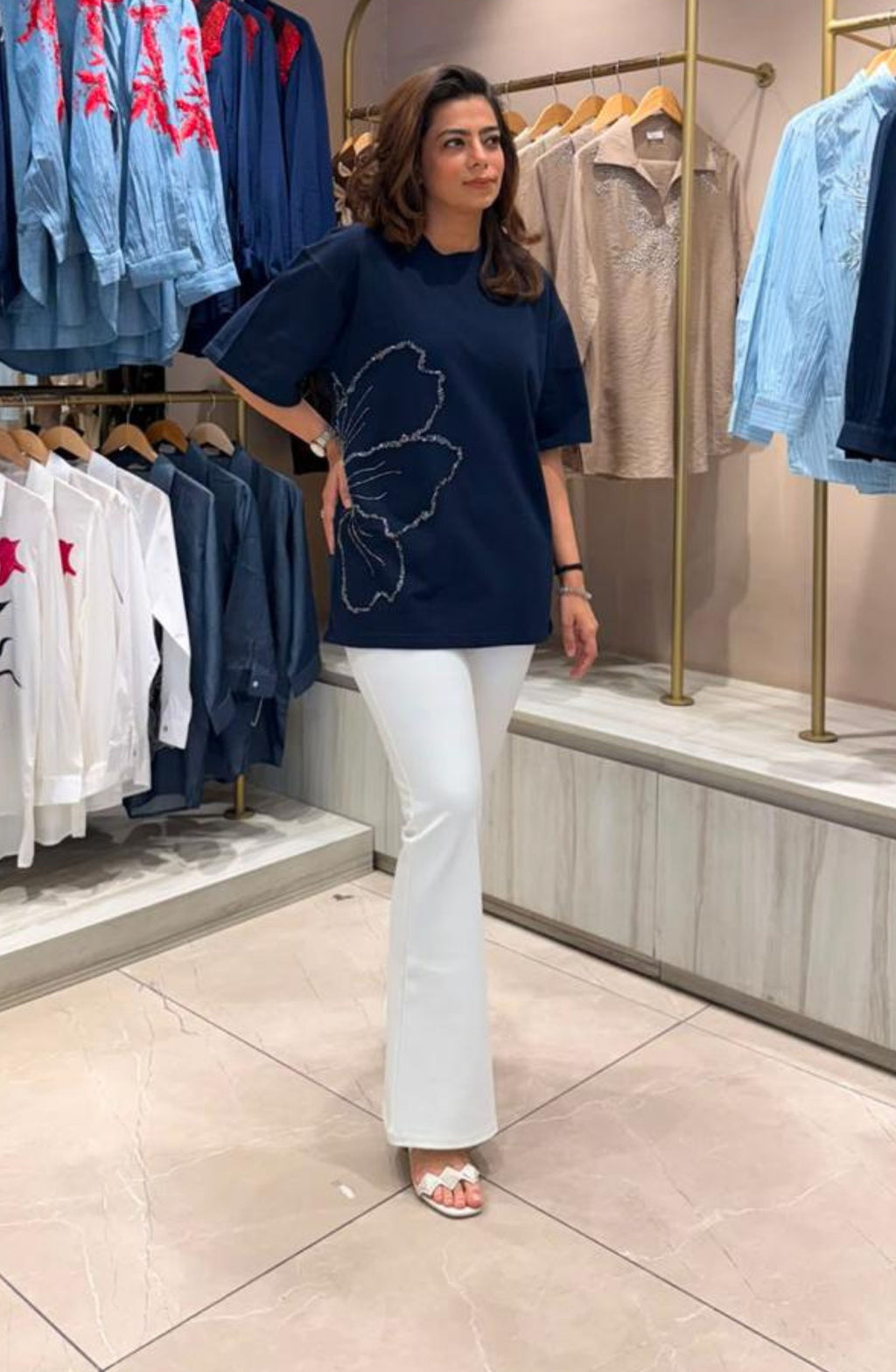 Navy Blue Floral Embellished T-Shirt