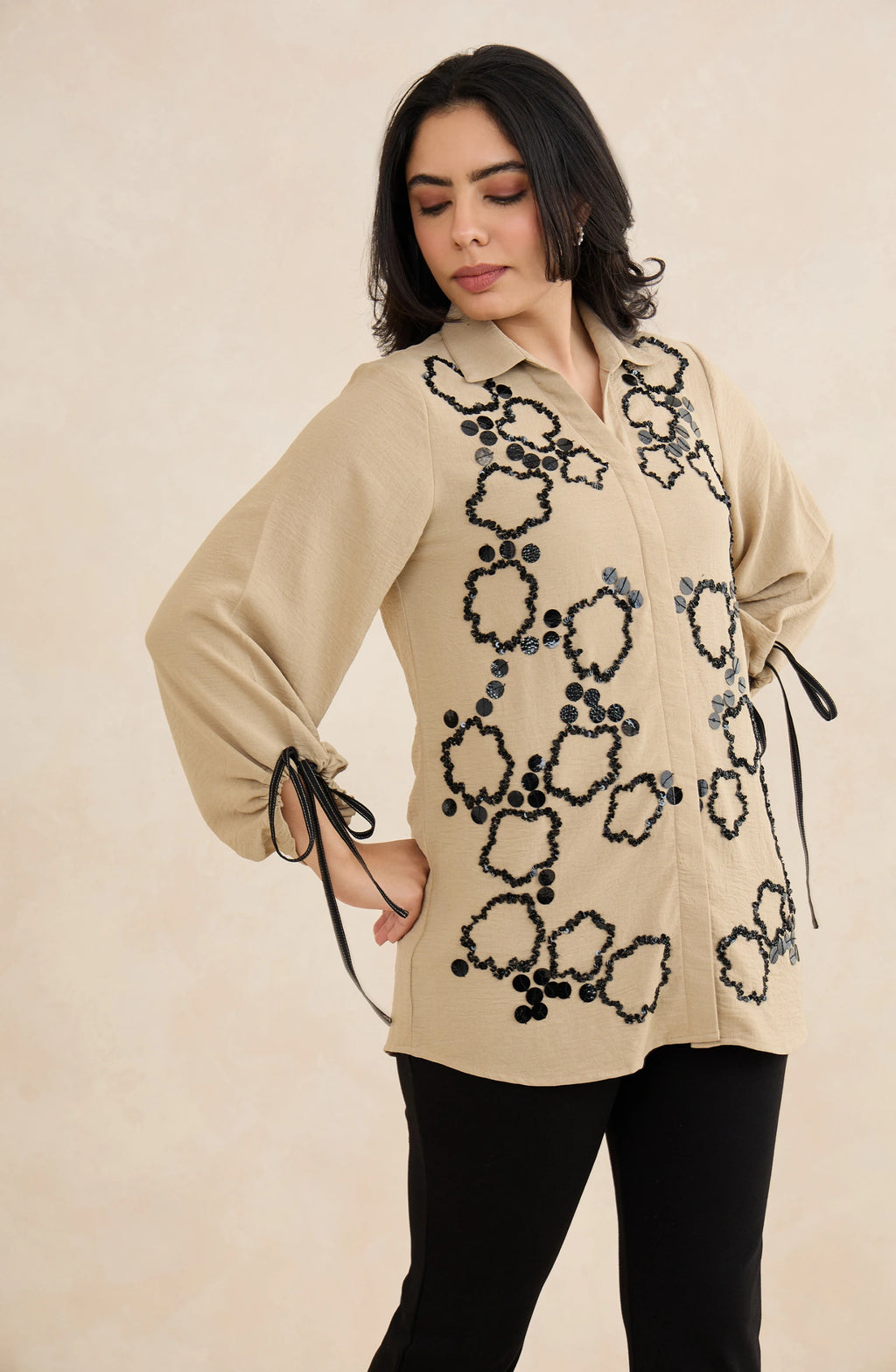 Beige Sandstone Embellished Shirt