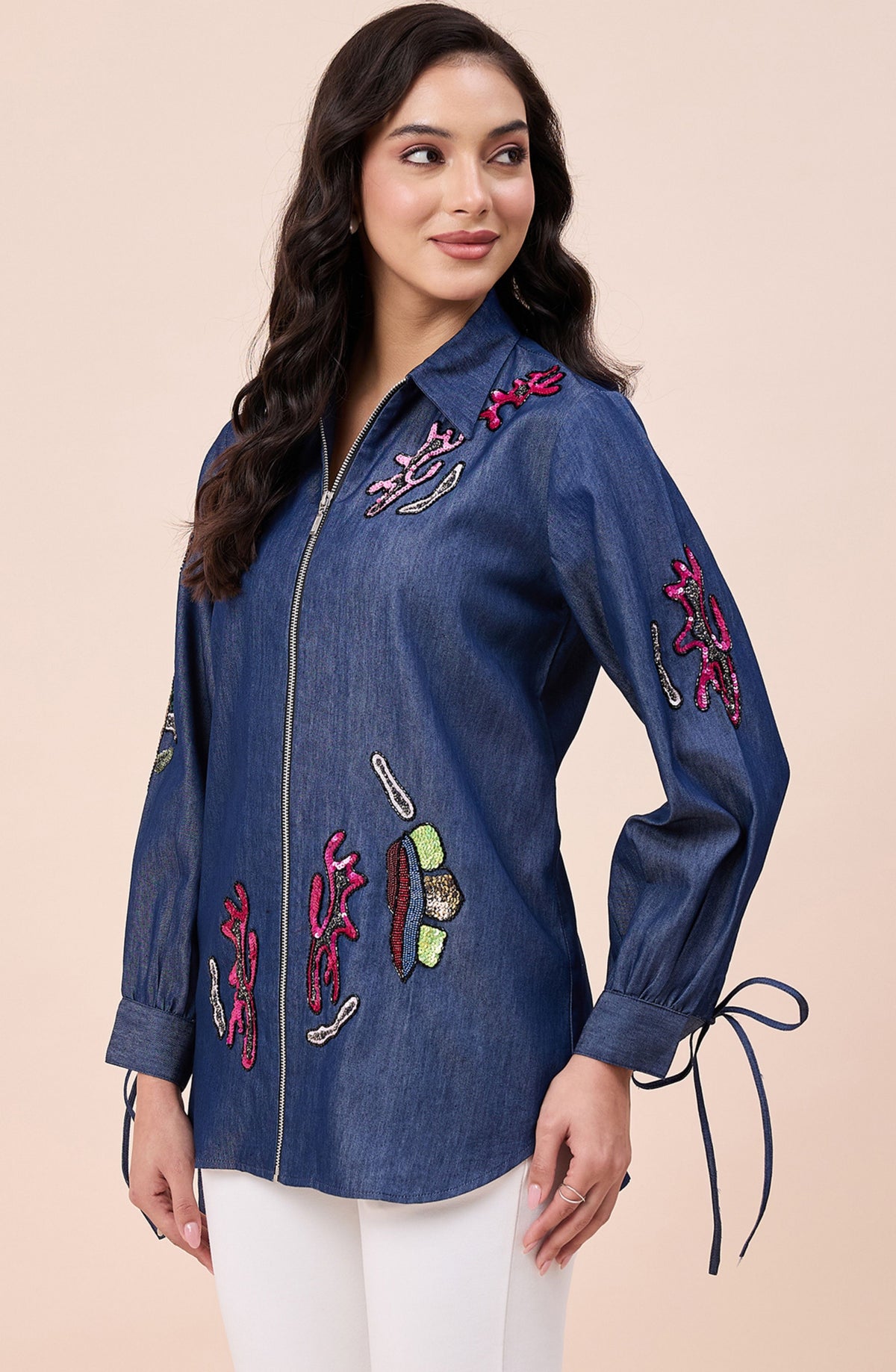 Cotton Denim Hand Embellished Zipper Shirt