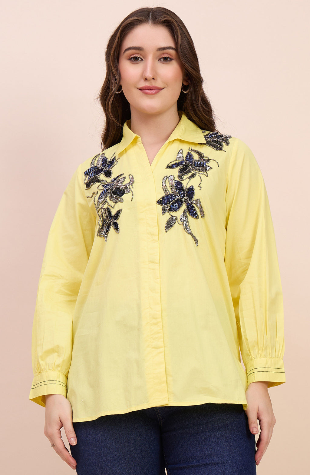 Yellow Shirt with Navy Sequin Floral Embroidery
