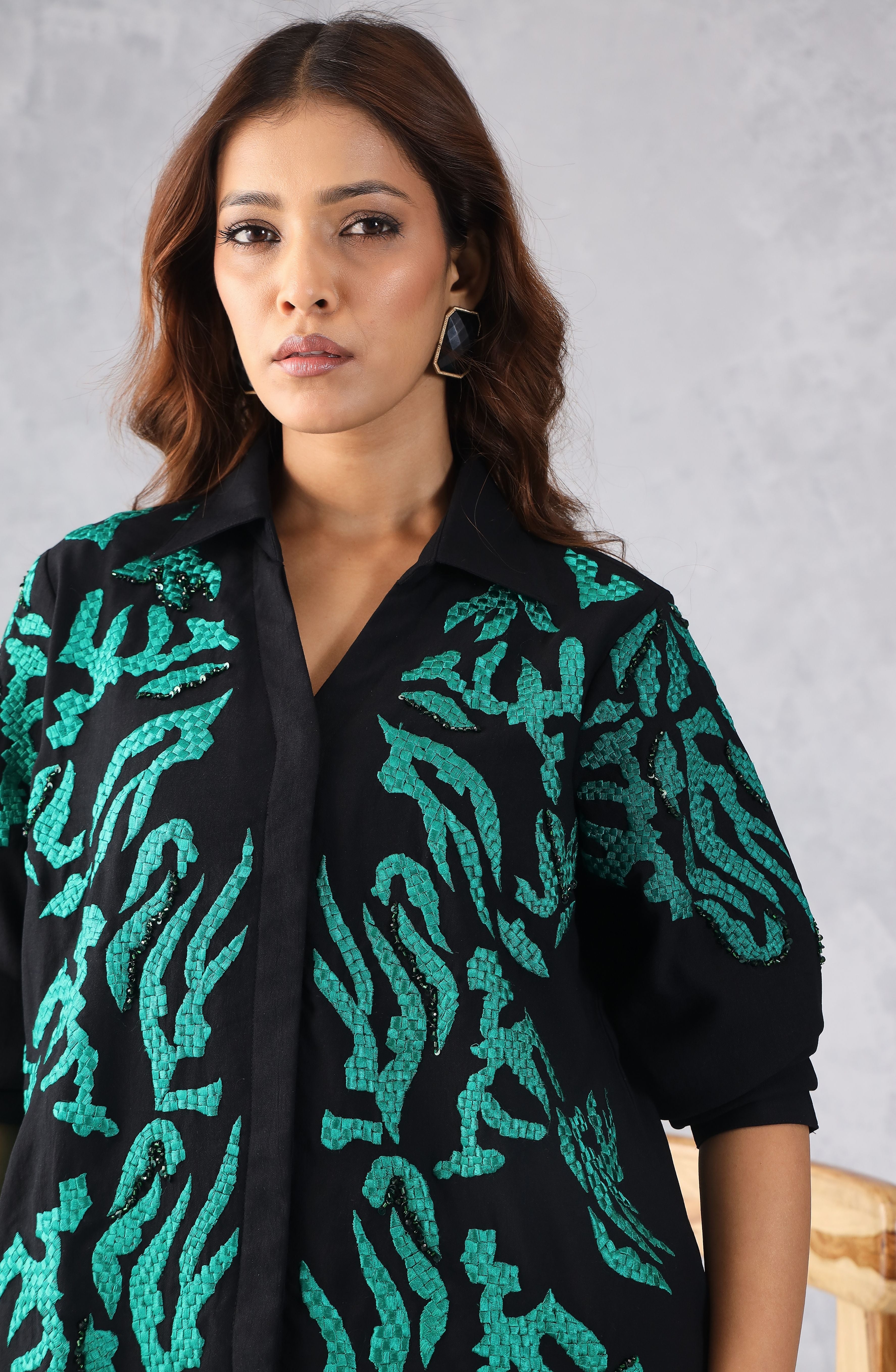 Black & Green Abstract Embroidered Shirt