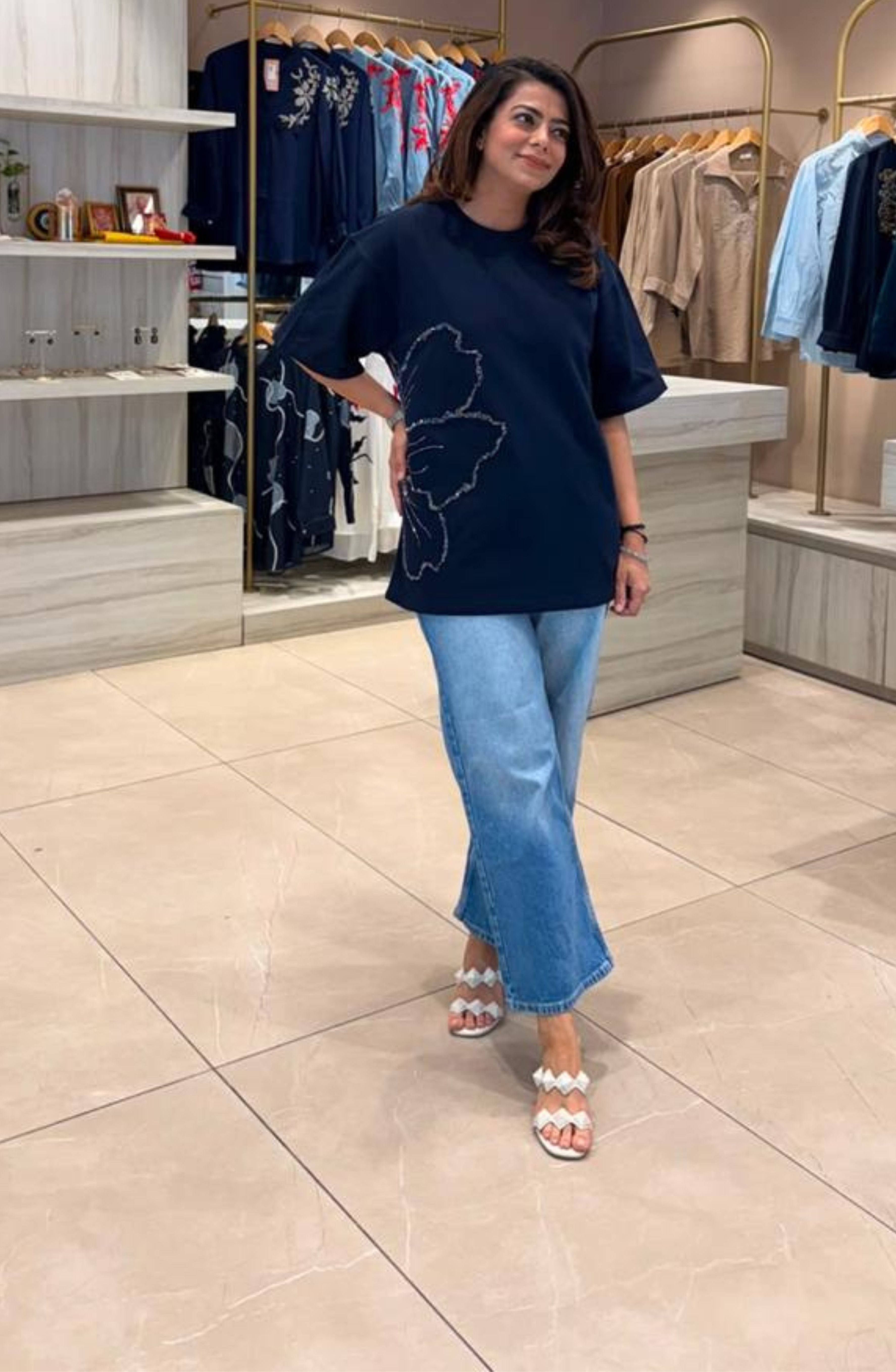 Navy Blue Floral Embellished T-Shirt