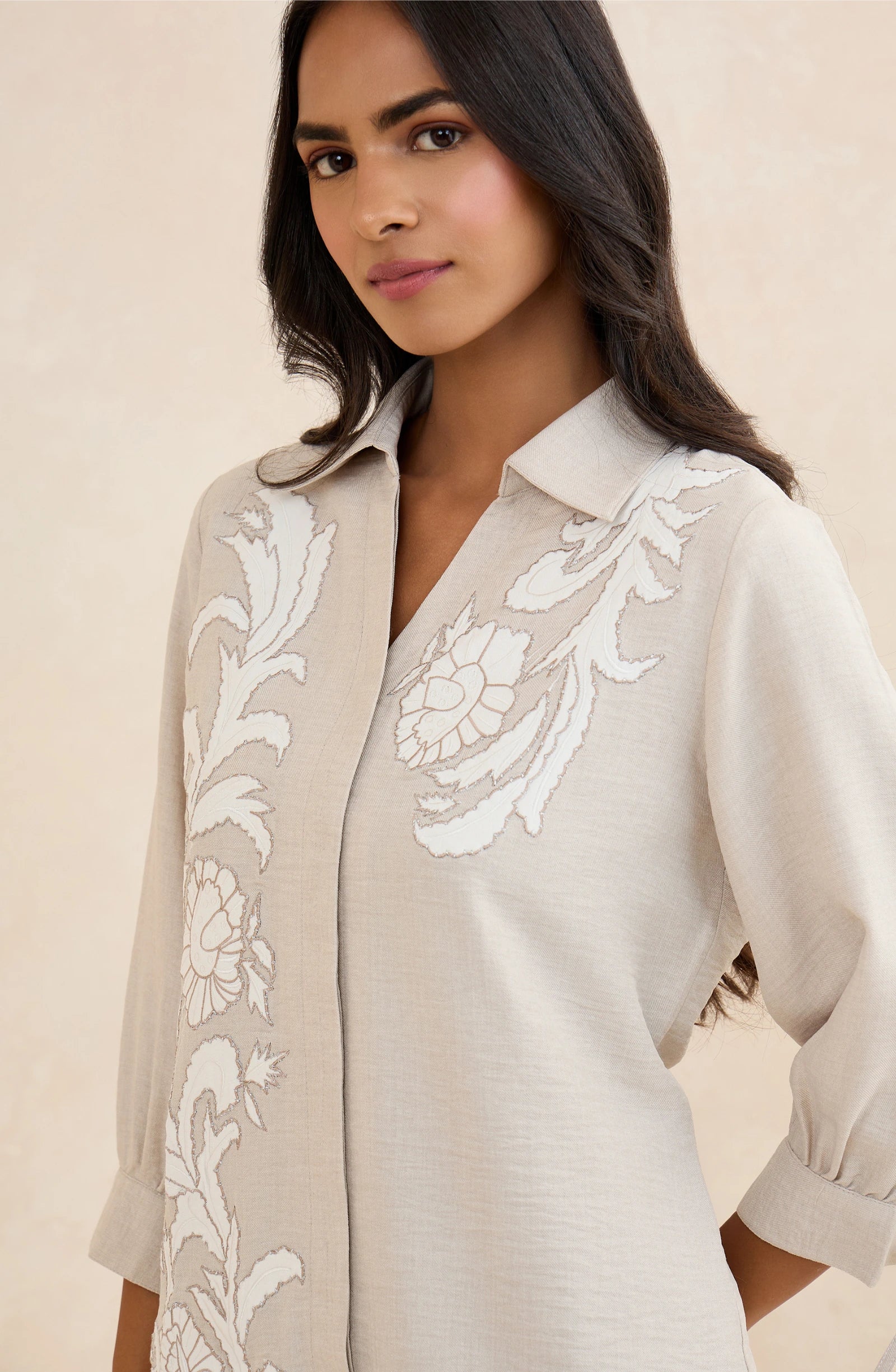 Cream Floral Heirloom Embroidered Shirt