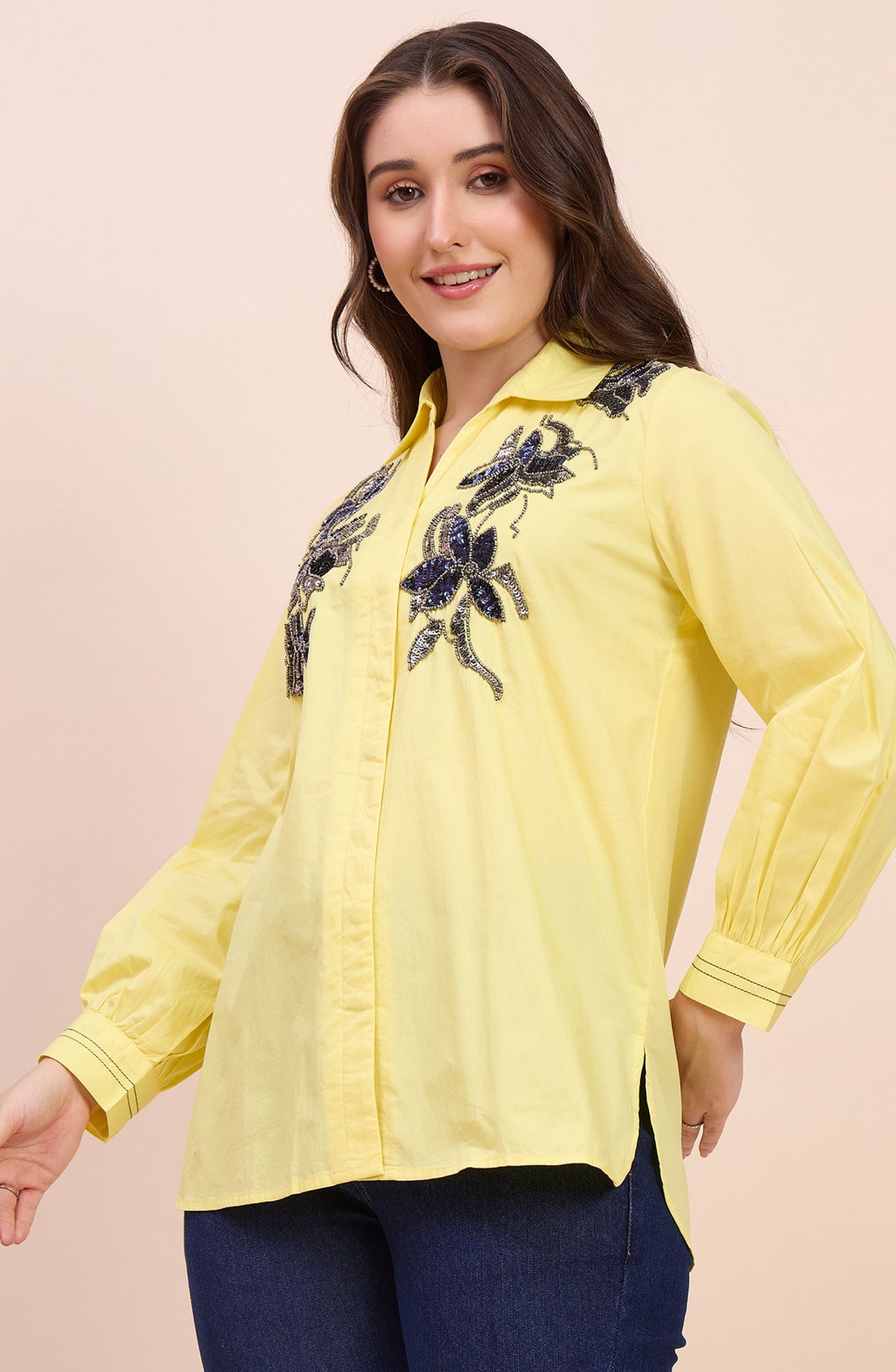 Yellow Shirt with Navy Sequin Floral Embroidery