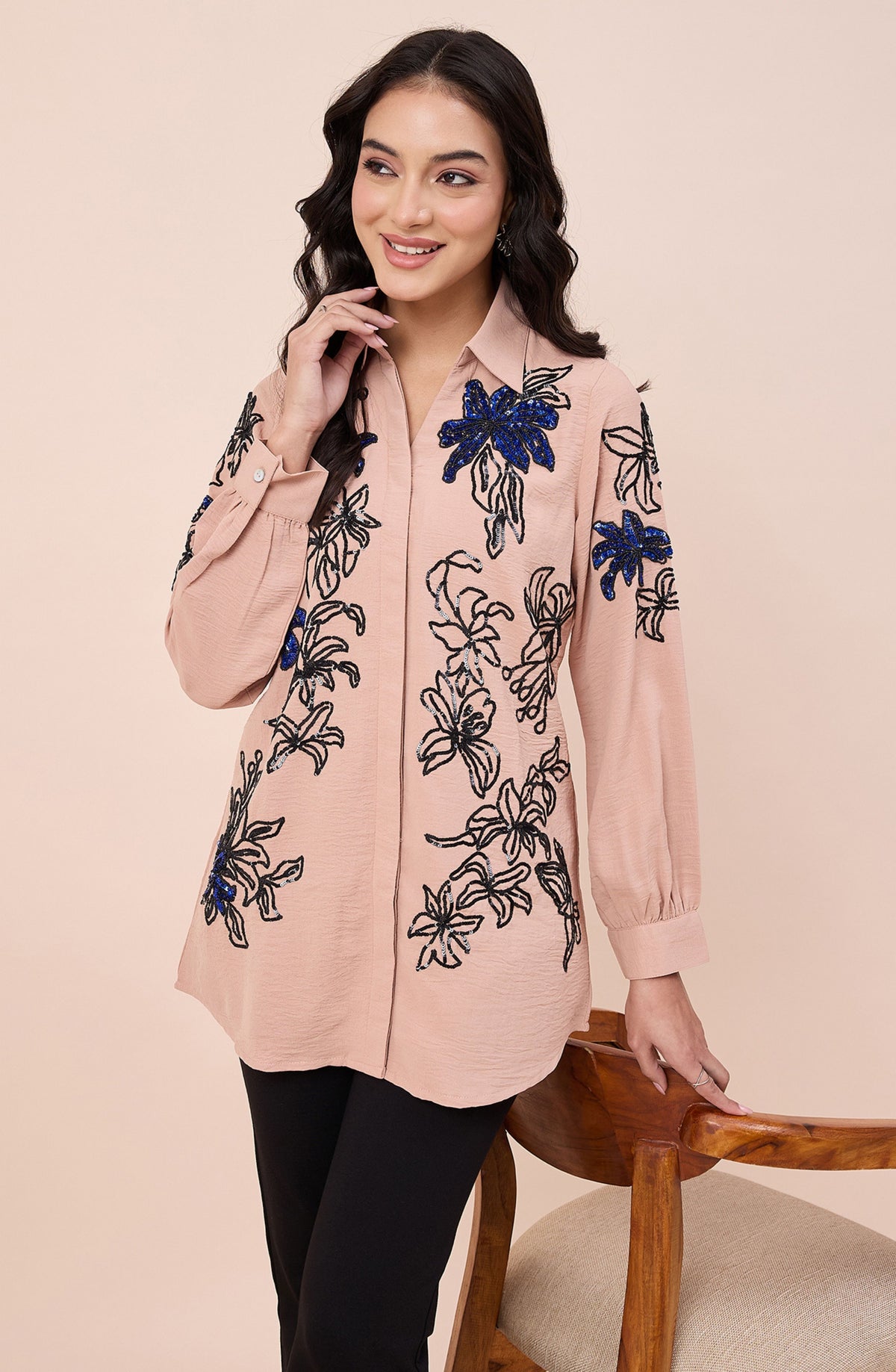 Blush Pink Embellished Floral Shirt