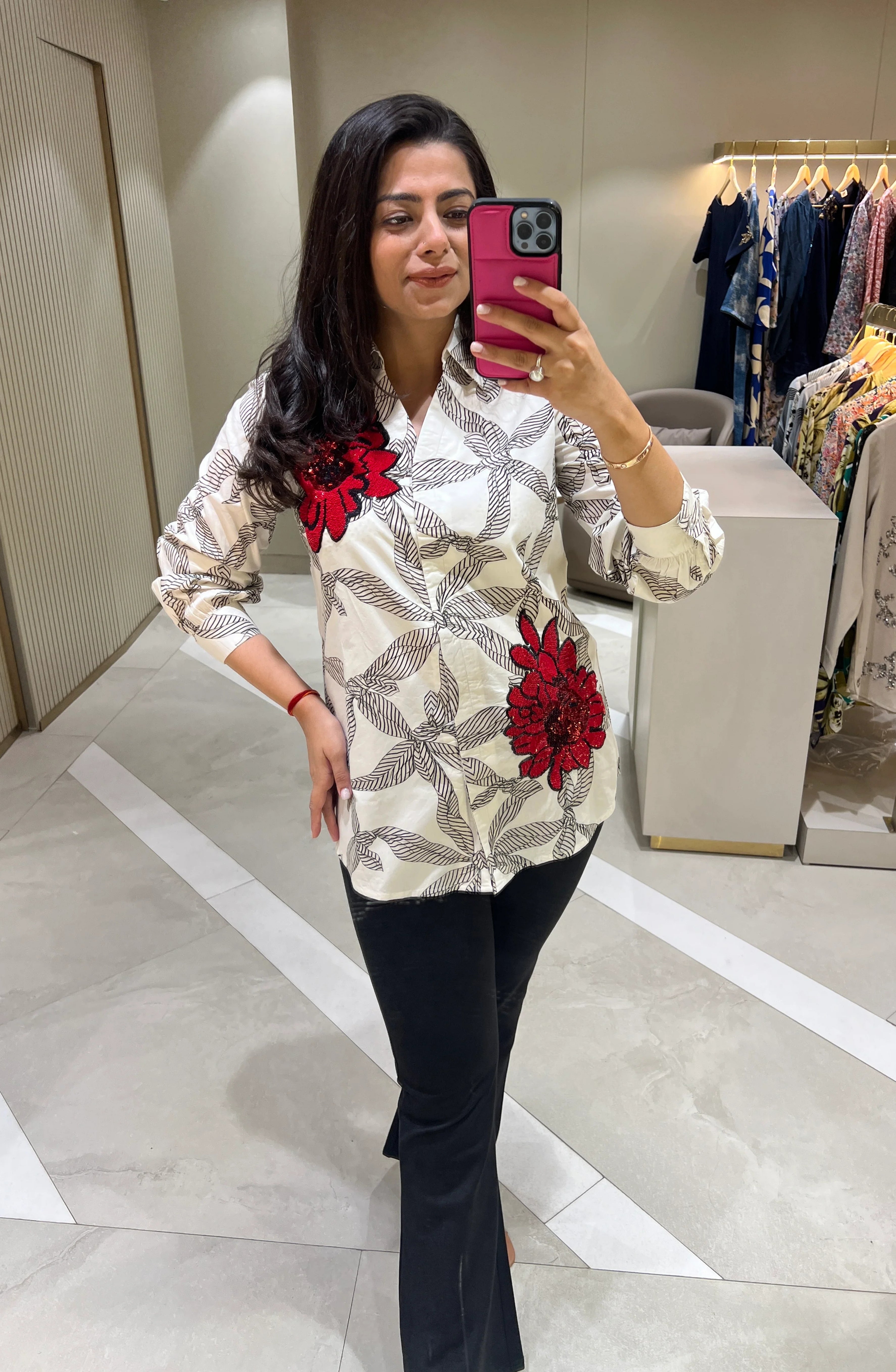 Embellished Sequin White Motif Shirt