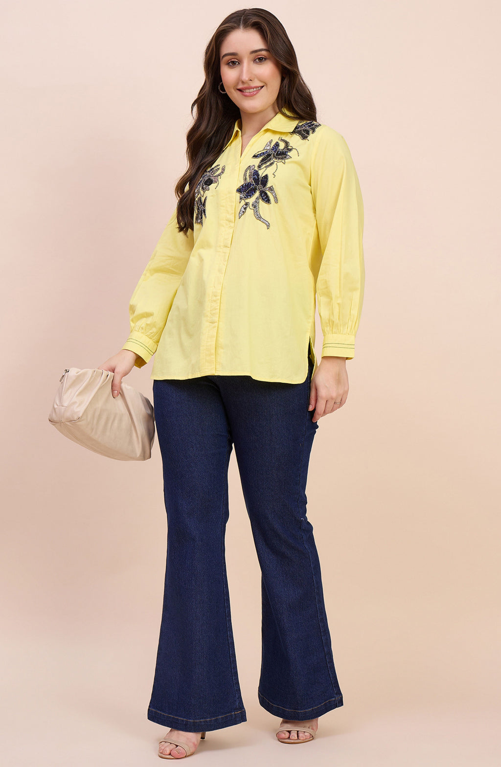 Yellow Shirt with Navy Sequin Floral Embroidery