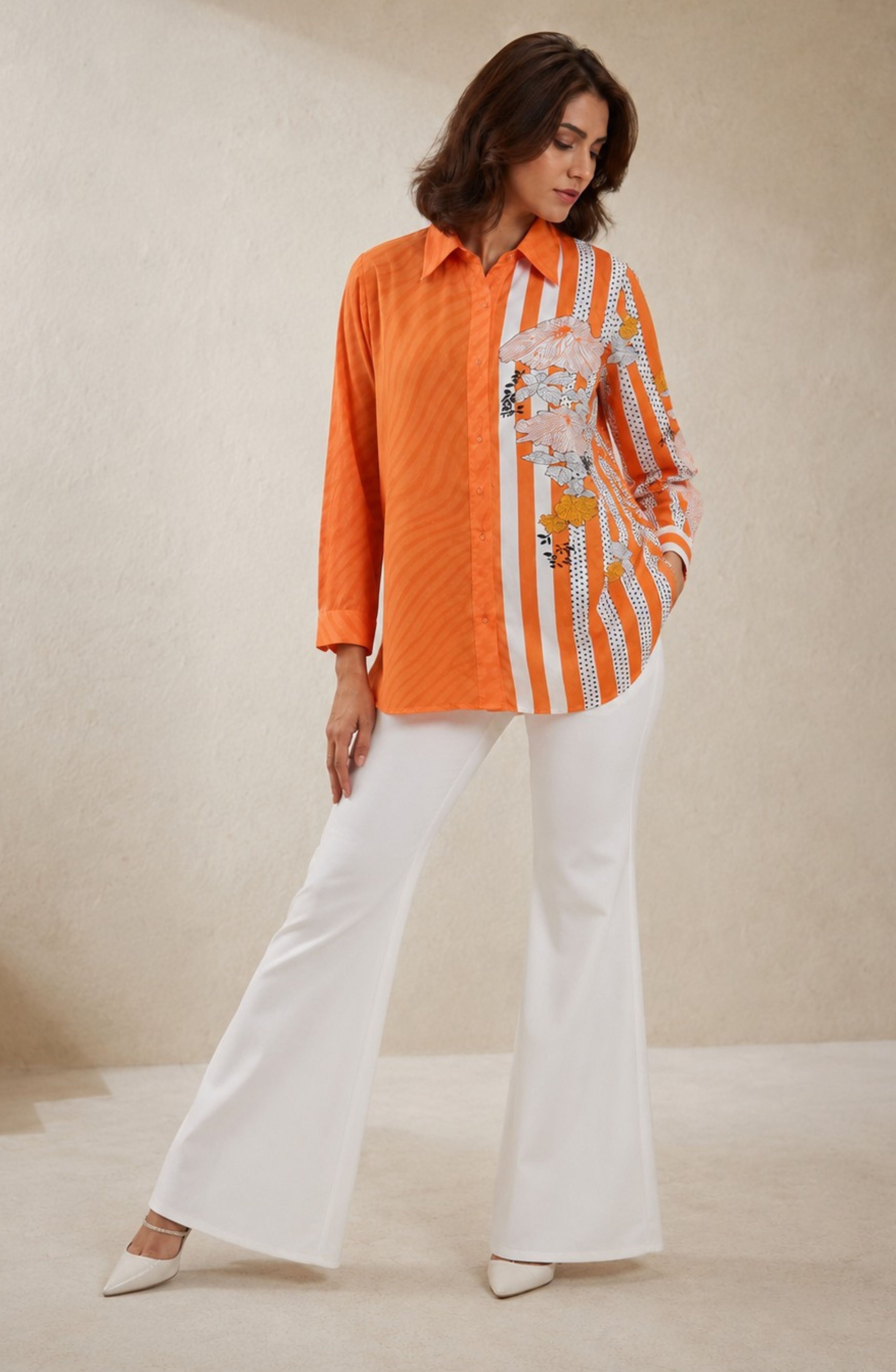 Orange Floral Striped Cotton Modal Shirt