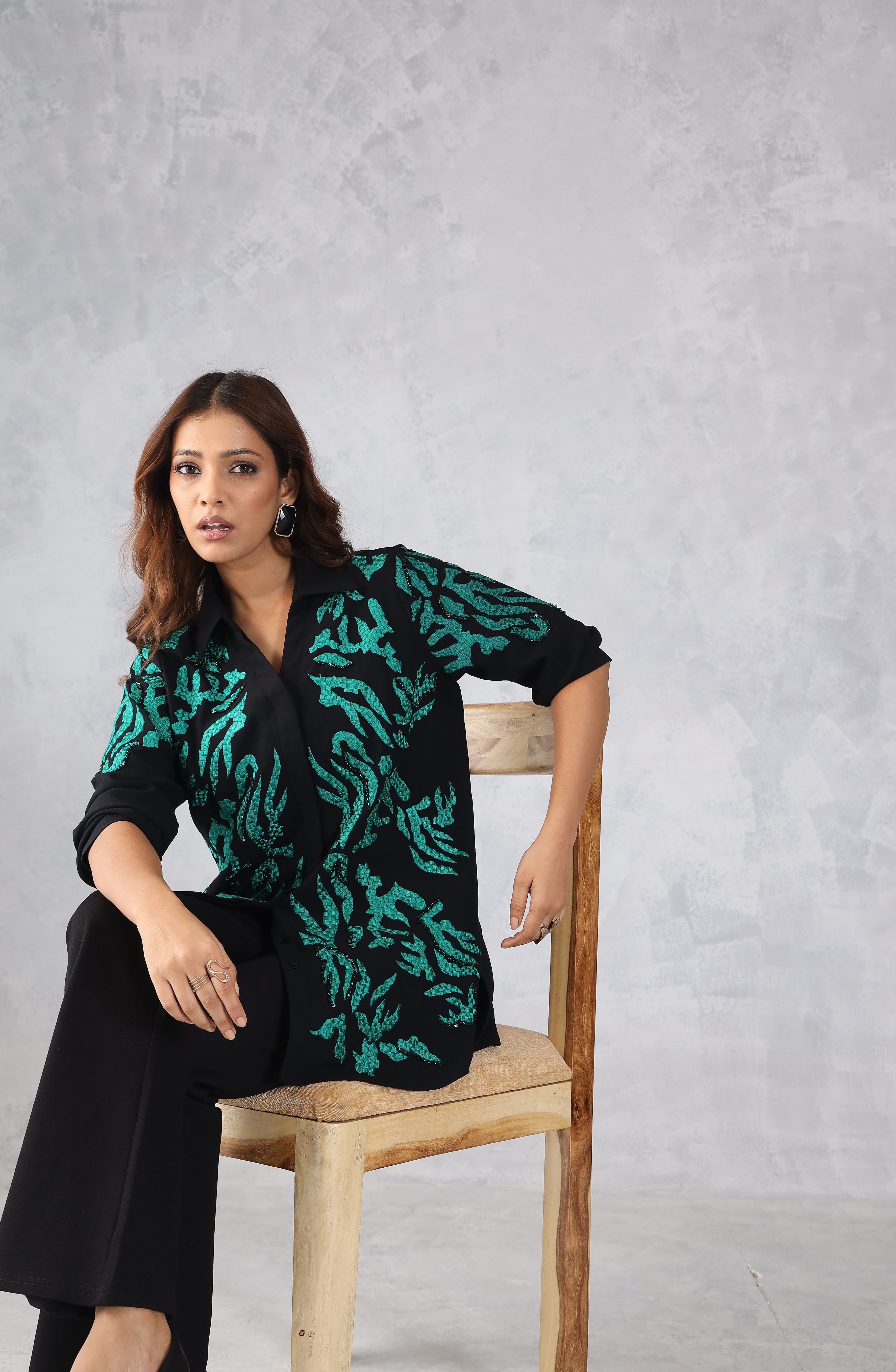 Black & Green Abstract Embroidered Shirt