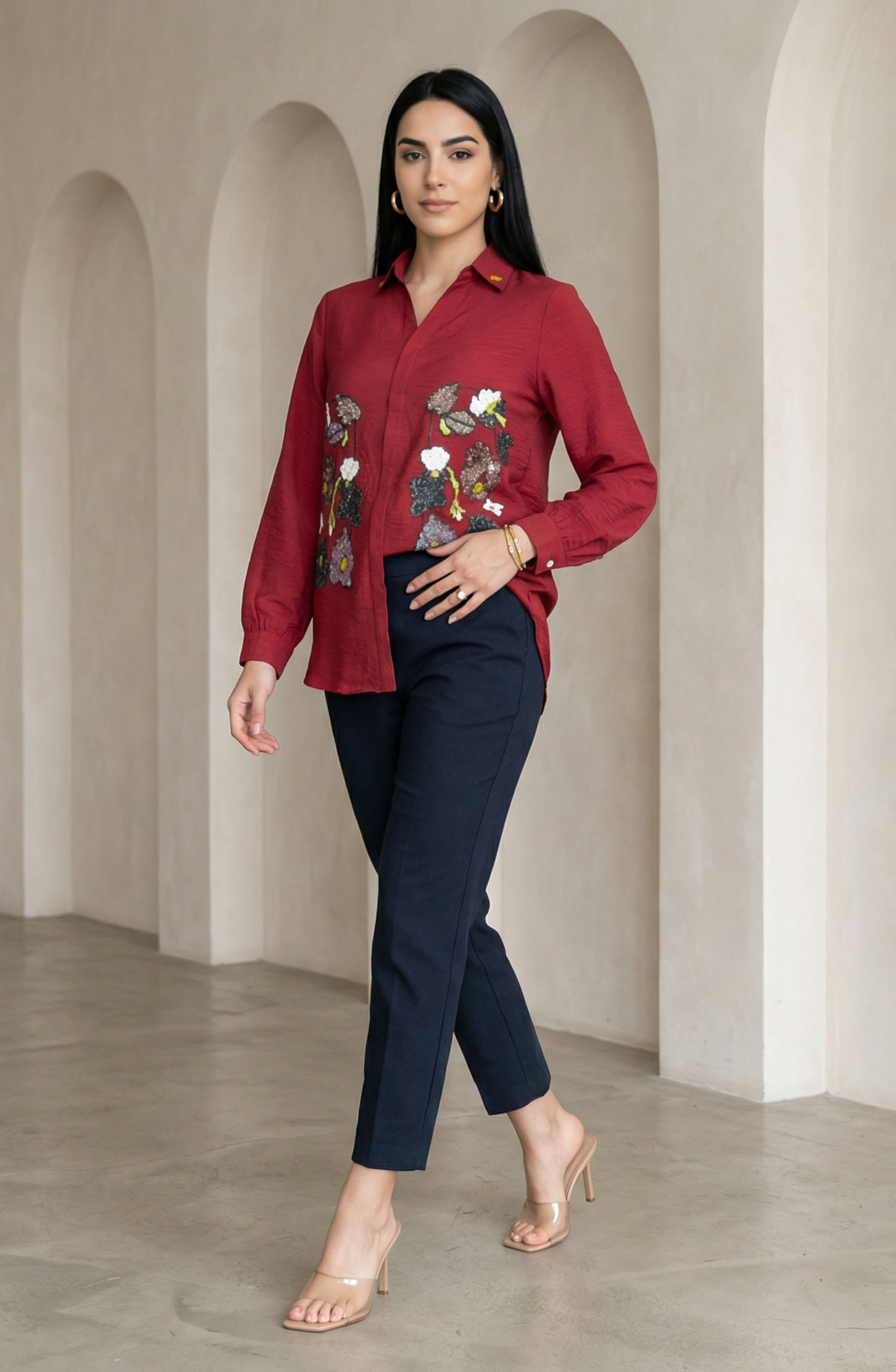 Wine Red Embellished Shirt