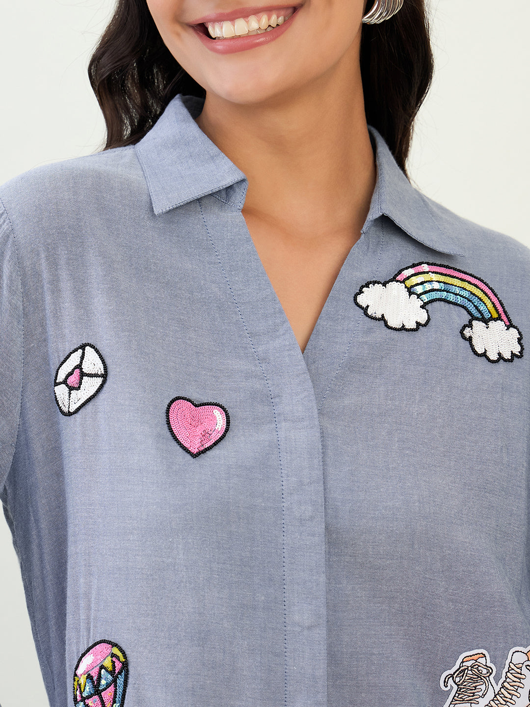 Cotton Denim Embellished Shirt