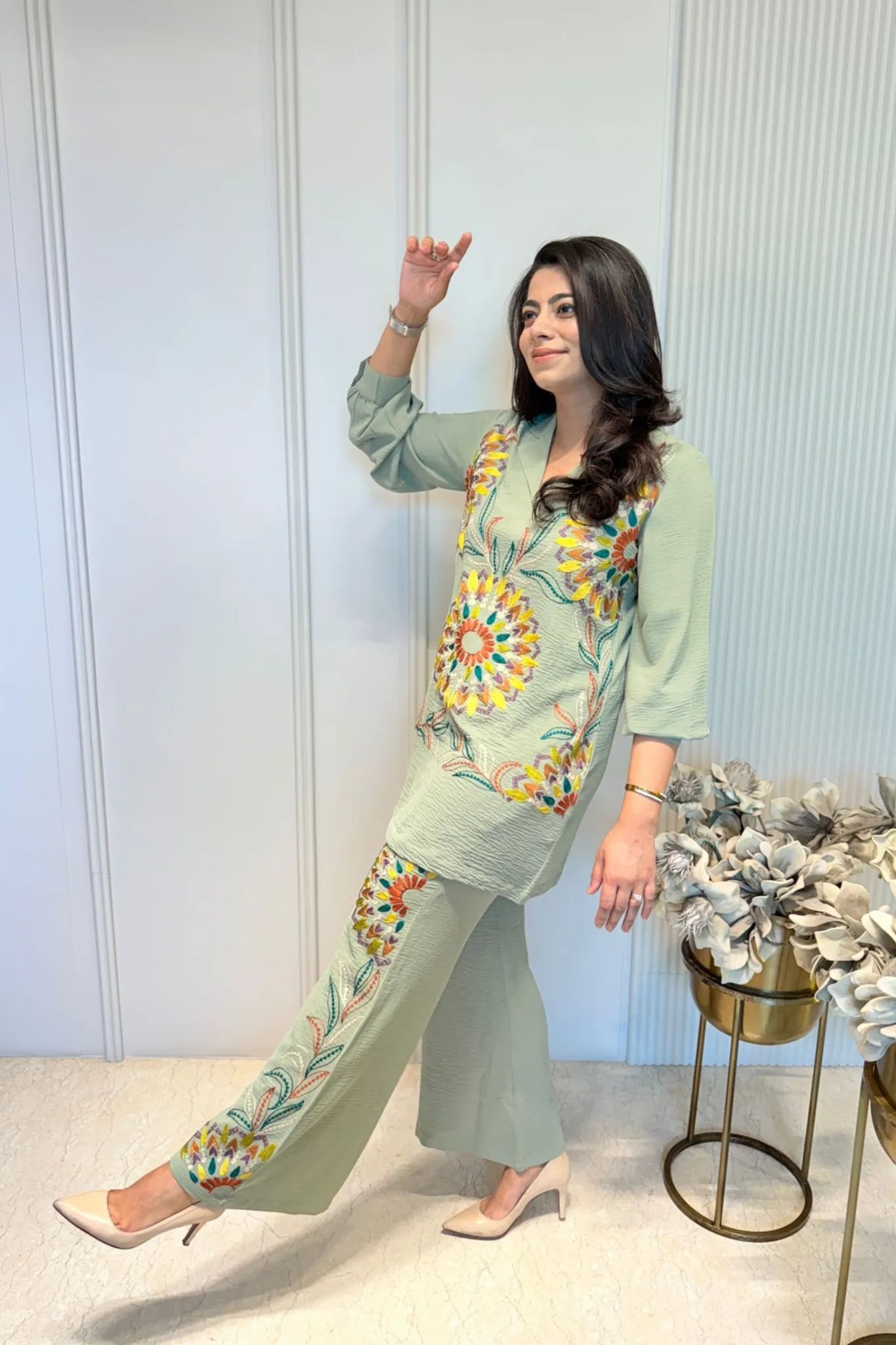Moss Green Floral Embroidered Co-Ord Set