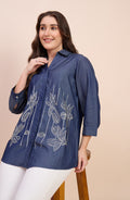 Denim Blue Shirt with Linear Floral Embroidery