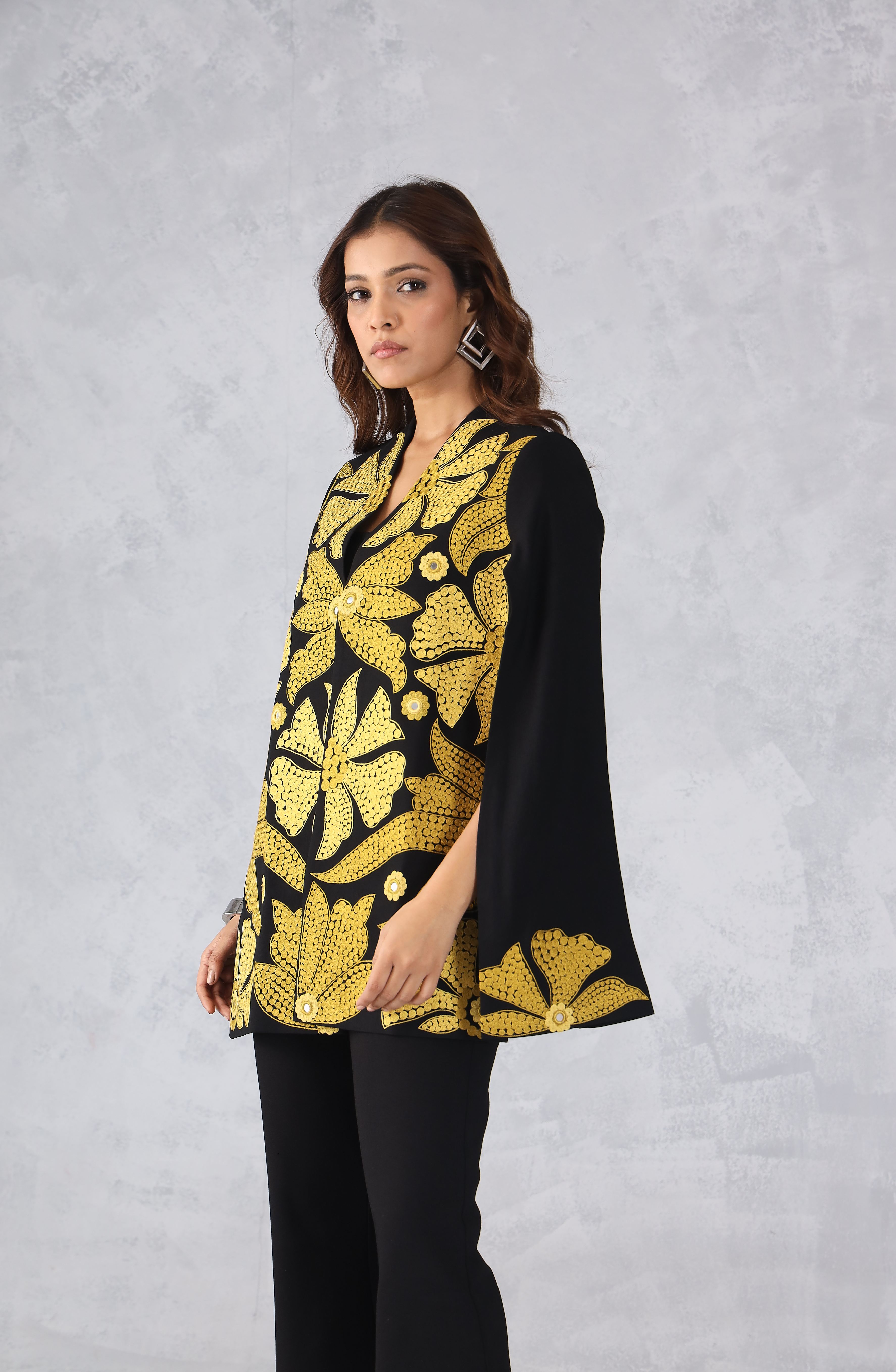 Black & Mustard Embroidered Cape
