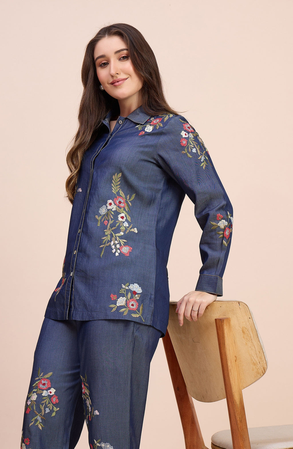 Denim Floral Embroidered Co-ord Set