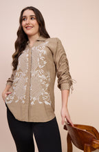 Beige Shirt with White Lattice Floral Embroidery