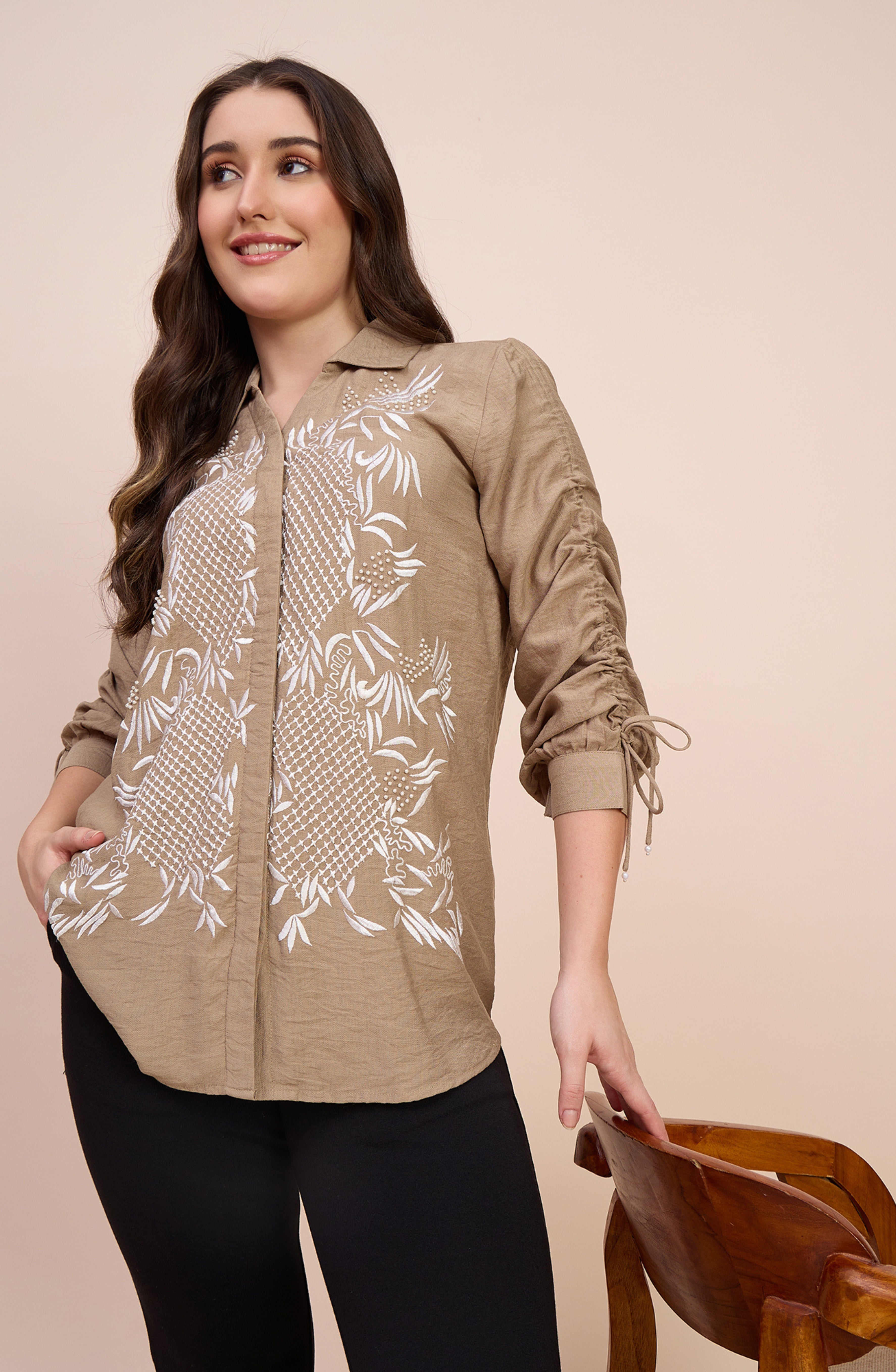 Beige Shirt with White Lattice Floral Embroidery