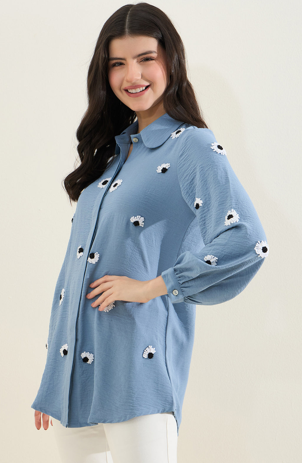 Denim Blue Shirt with Scattered Daisy Embroidery