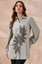 Sage Grey Shirt with Metallic Beaded Sunflower Motif