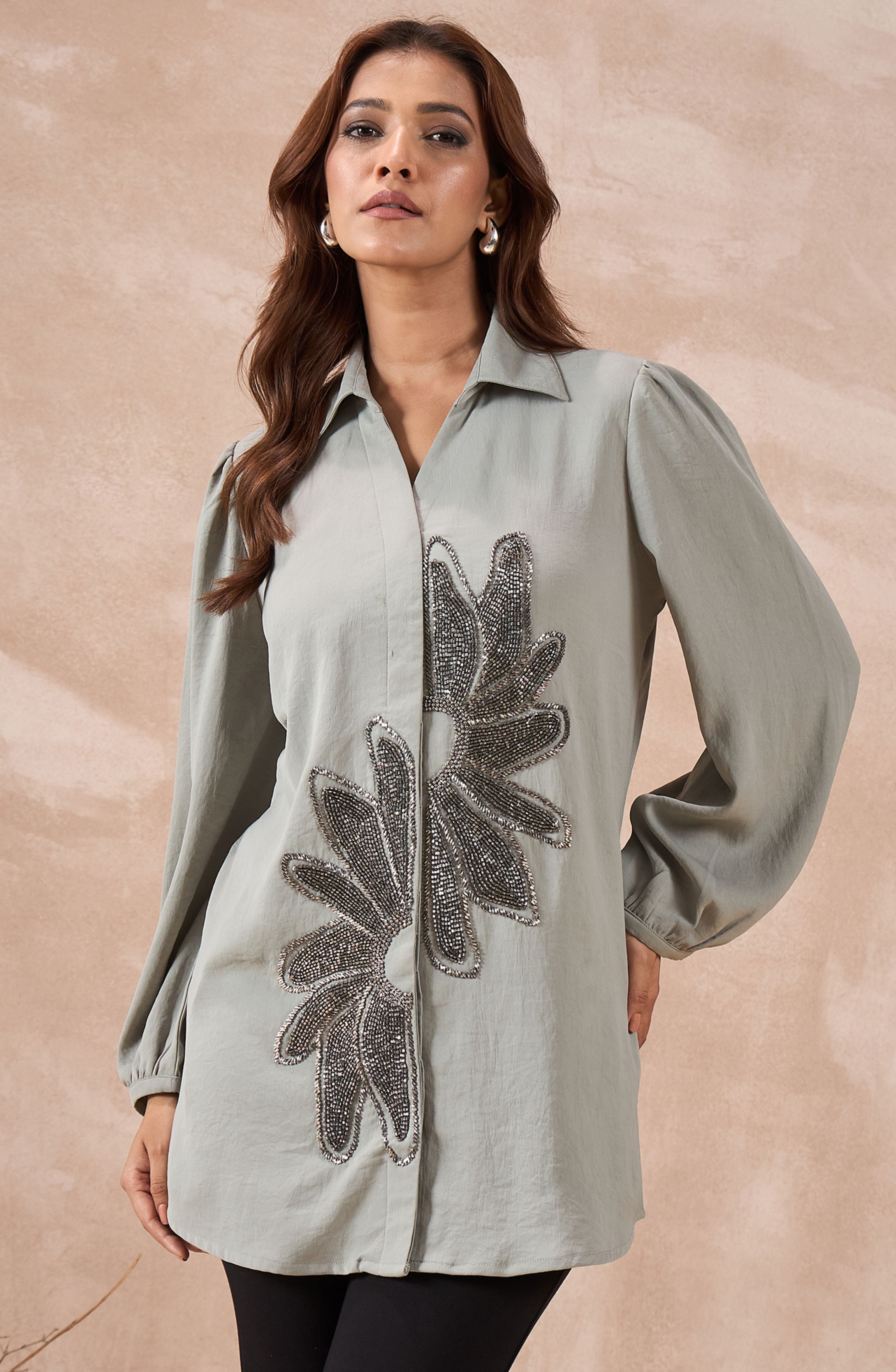 Sage Grey Shirt with Metallic Beaded Sunflower Motif