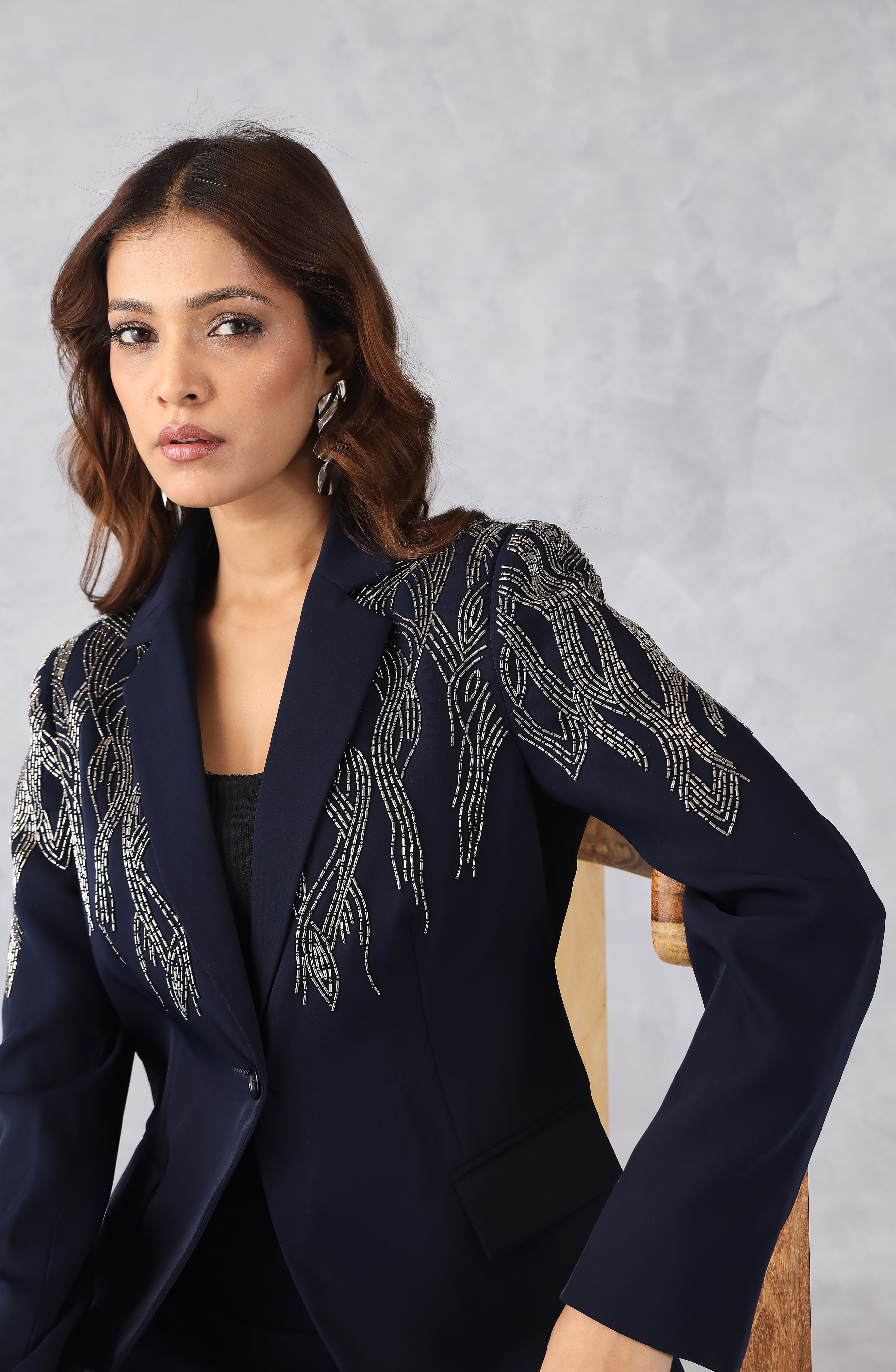 Embellished Navy Blue Blazer Set
