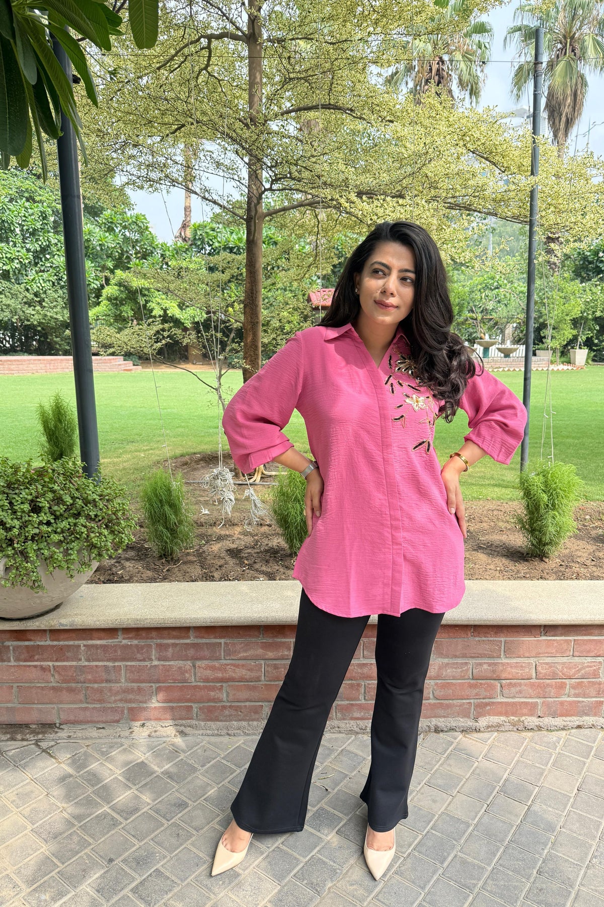 Pink Floral Embellished Shirt