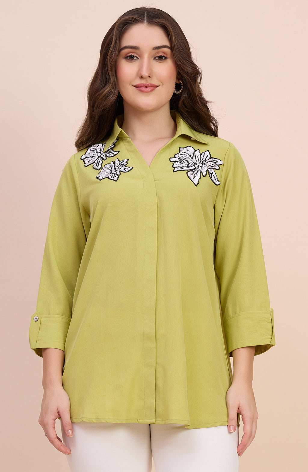 Lime Green Shirt with Sequin Floral Applique