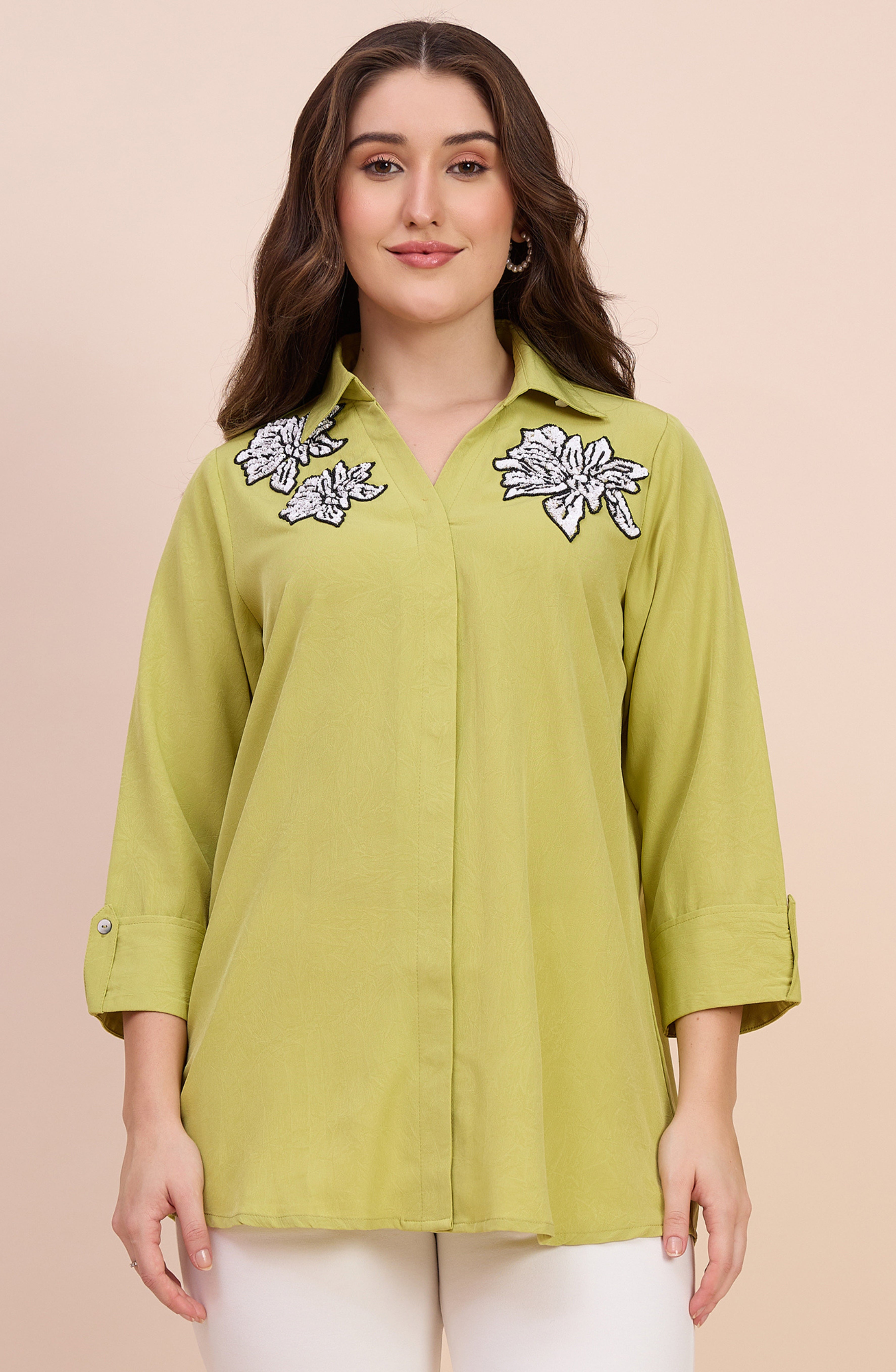 Lime Green Shirt with Sequin Floral Applique