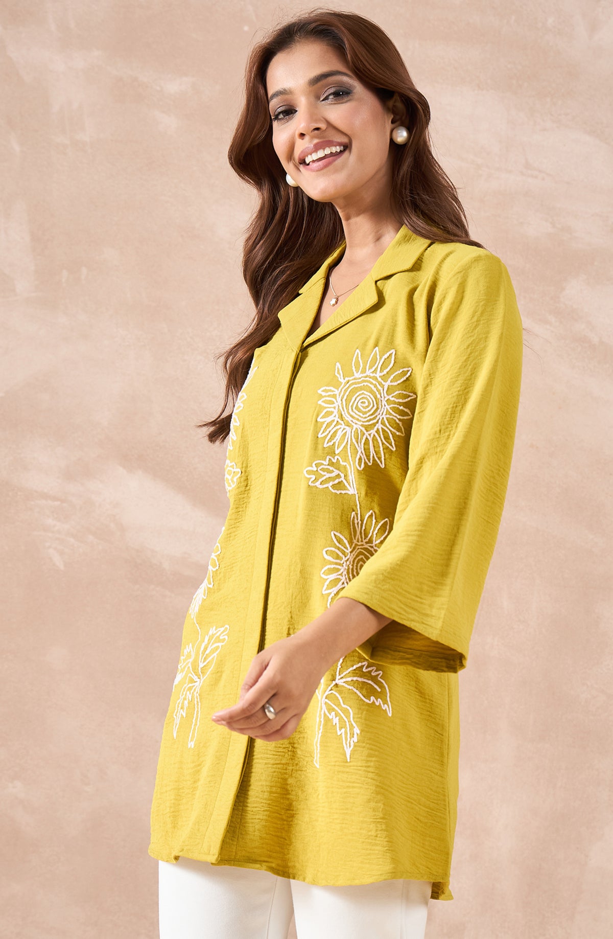 Mustard Yellow Longline Shirt with Sunflower Embroidery