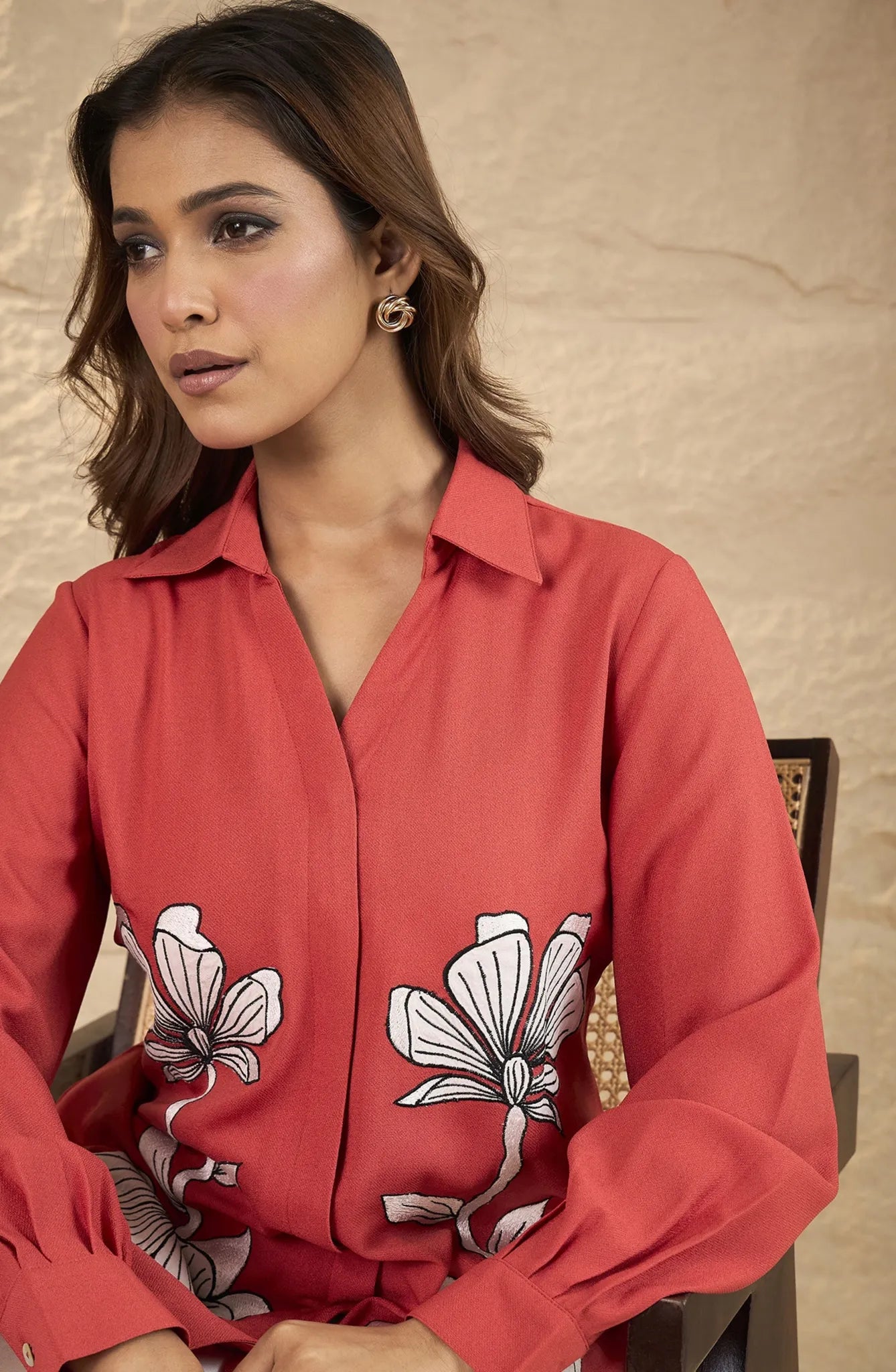Coral Orange Patch Work Shirt