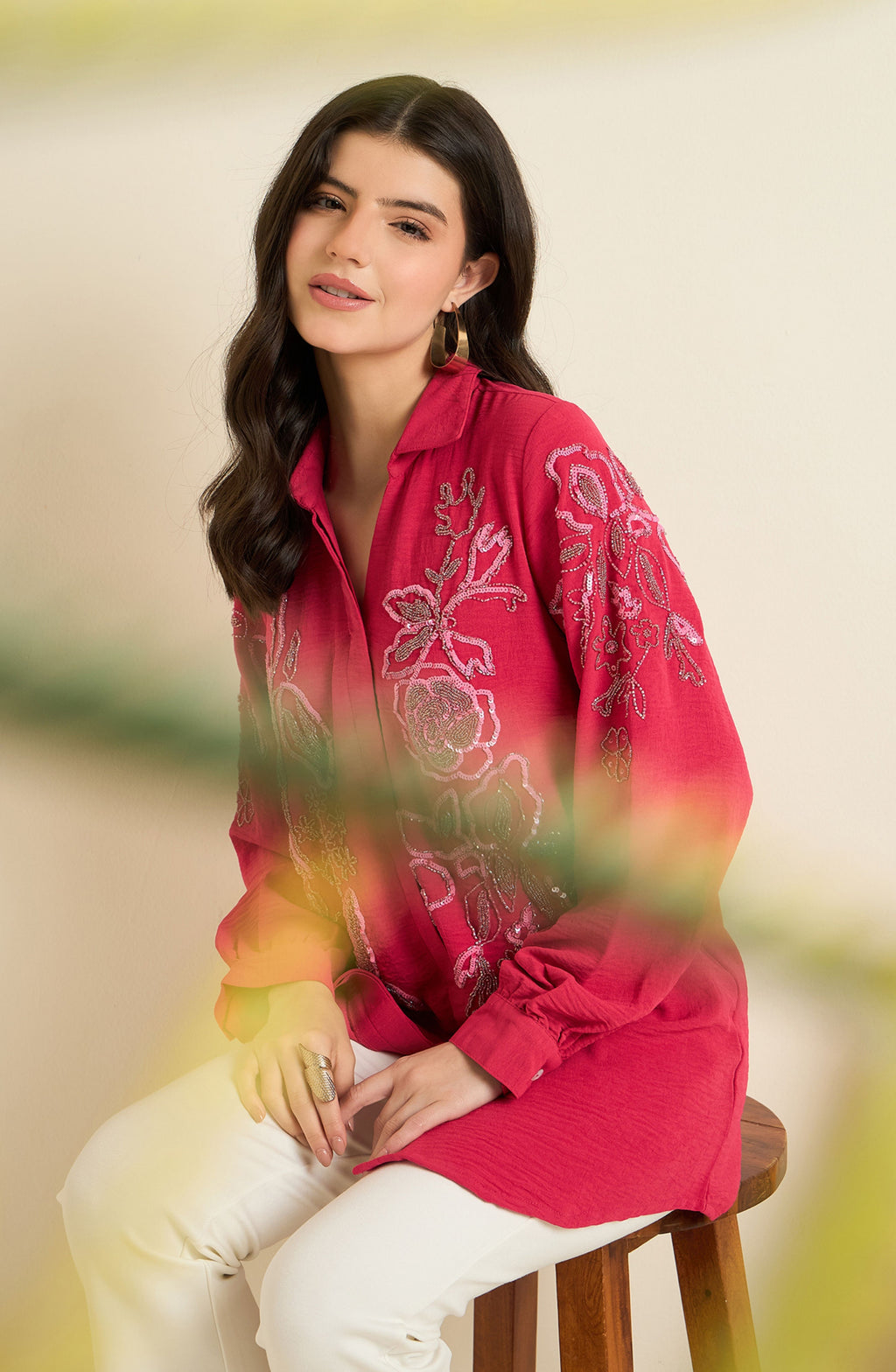 Fuchsia Pink Shirt with Sequin Rose Embroidery