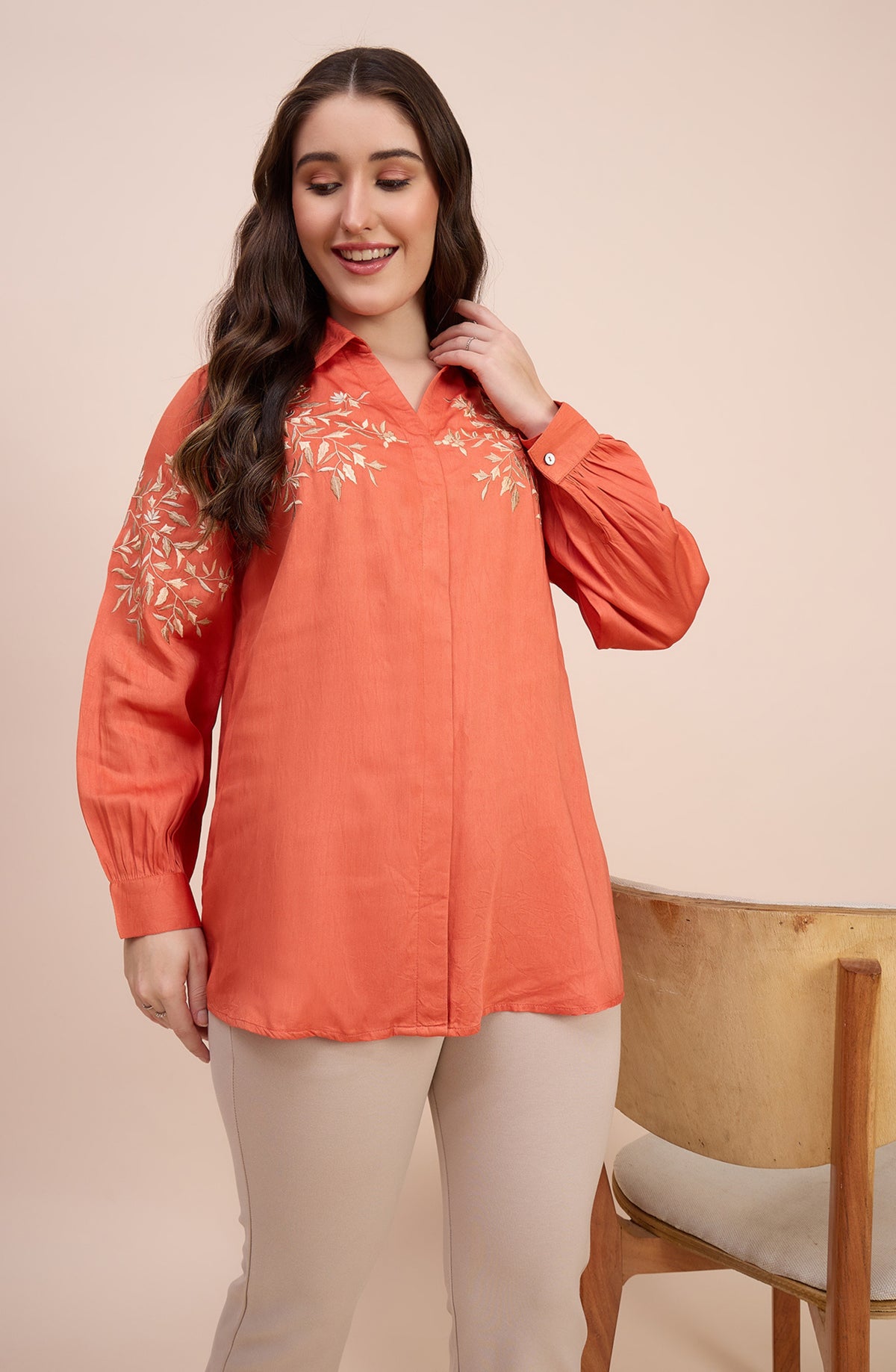 Rust Orange Shirt with Golden Vine Embroidery