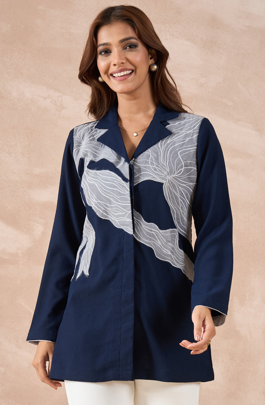 Navy Longline Shirt with Abstract Grey Applique
