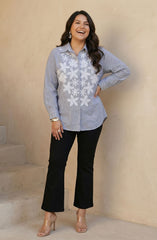 Grey Stripe White Floral Embroidered Shirt
