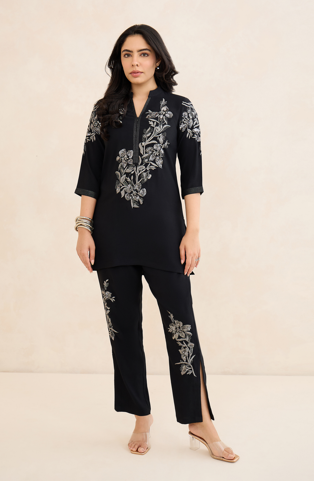 Black and Silver Floral Embellished Co-Ord Set