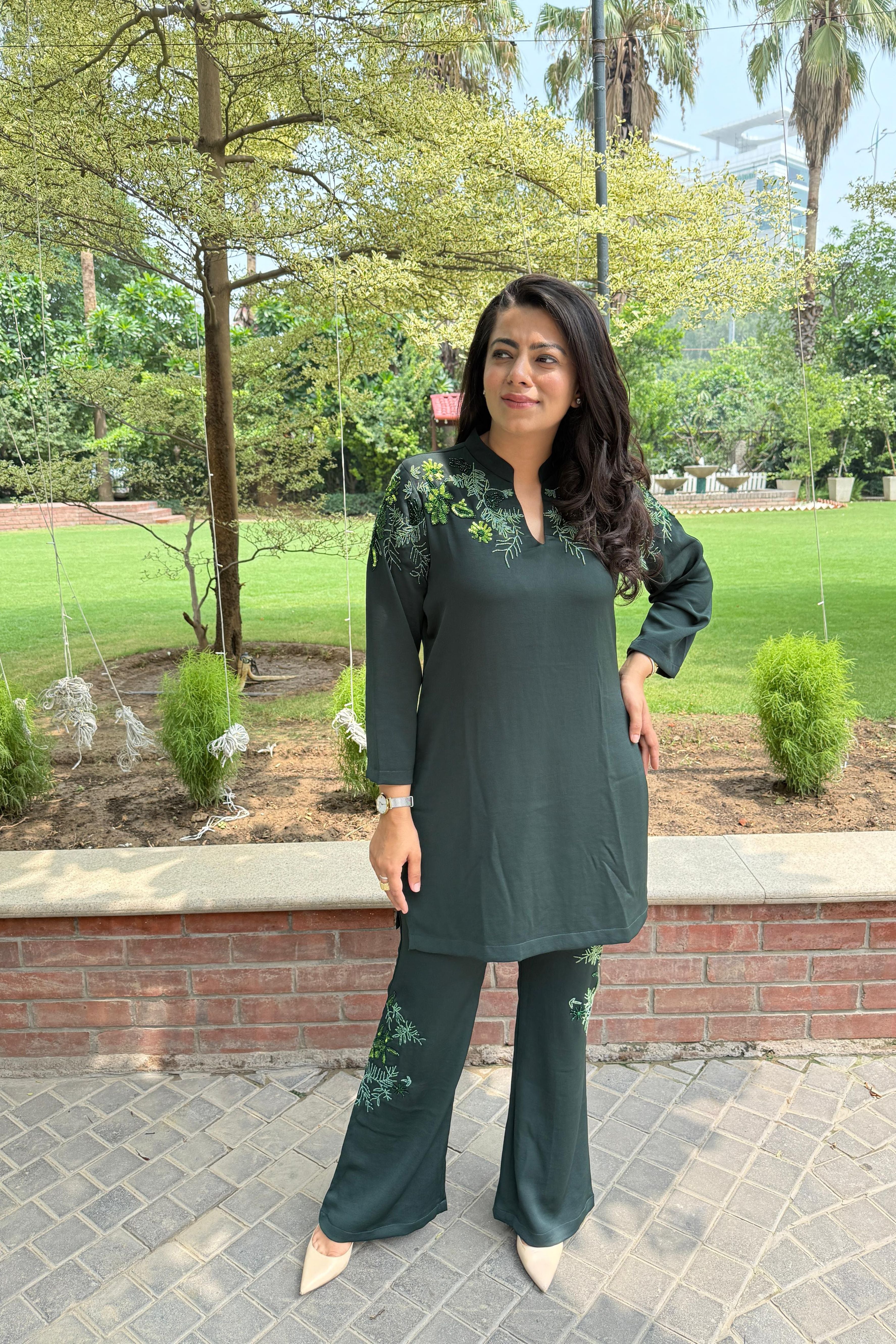 Dark Green Floral Embellished Co-Ord Set