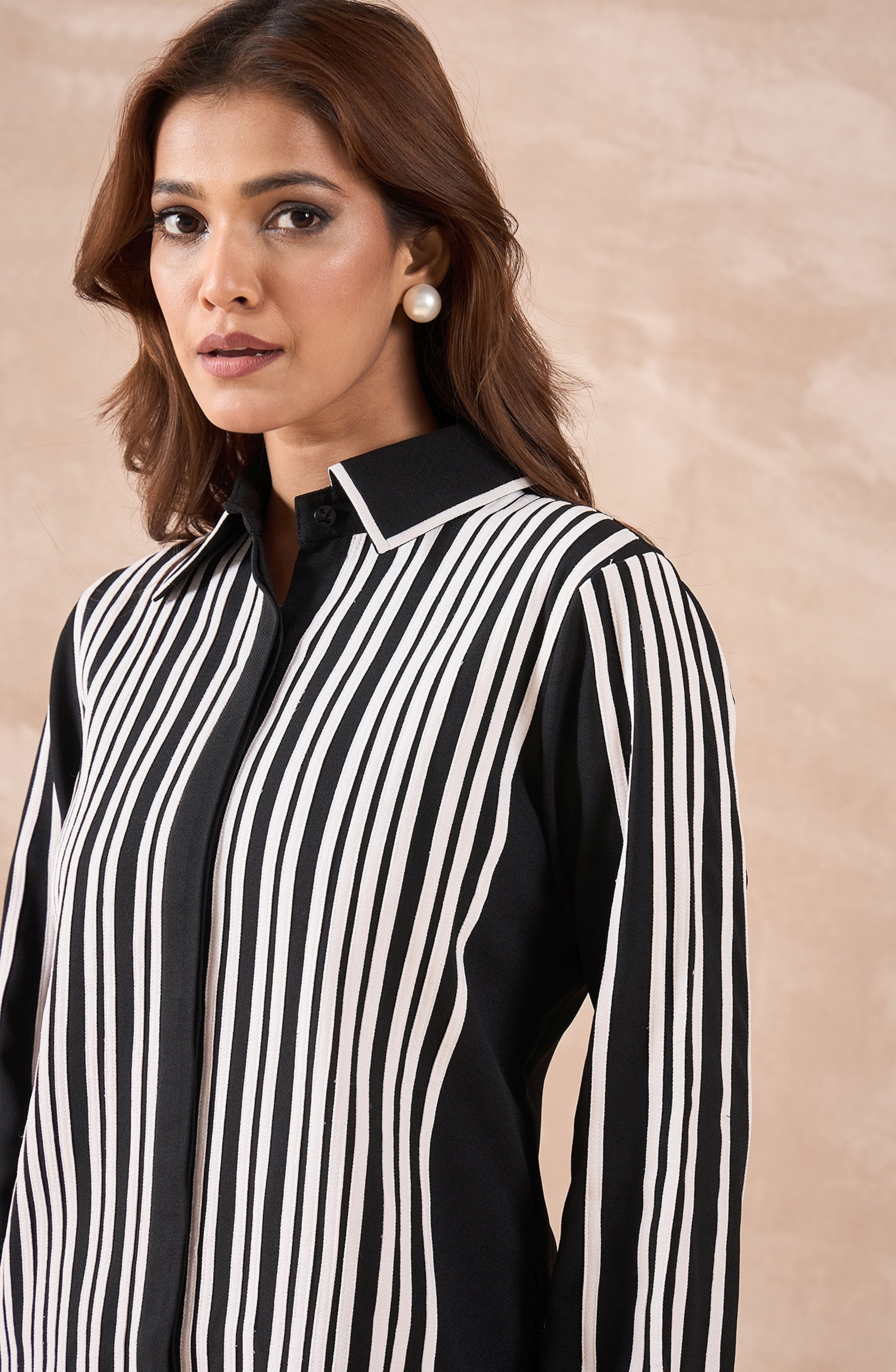 Black & White Striped Shirt with Contrast Collar