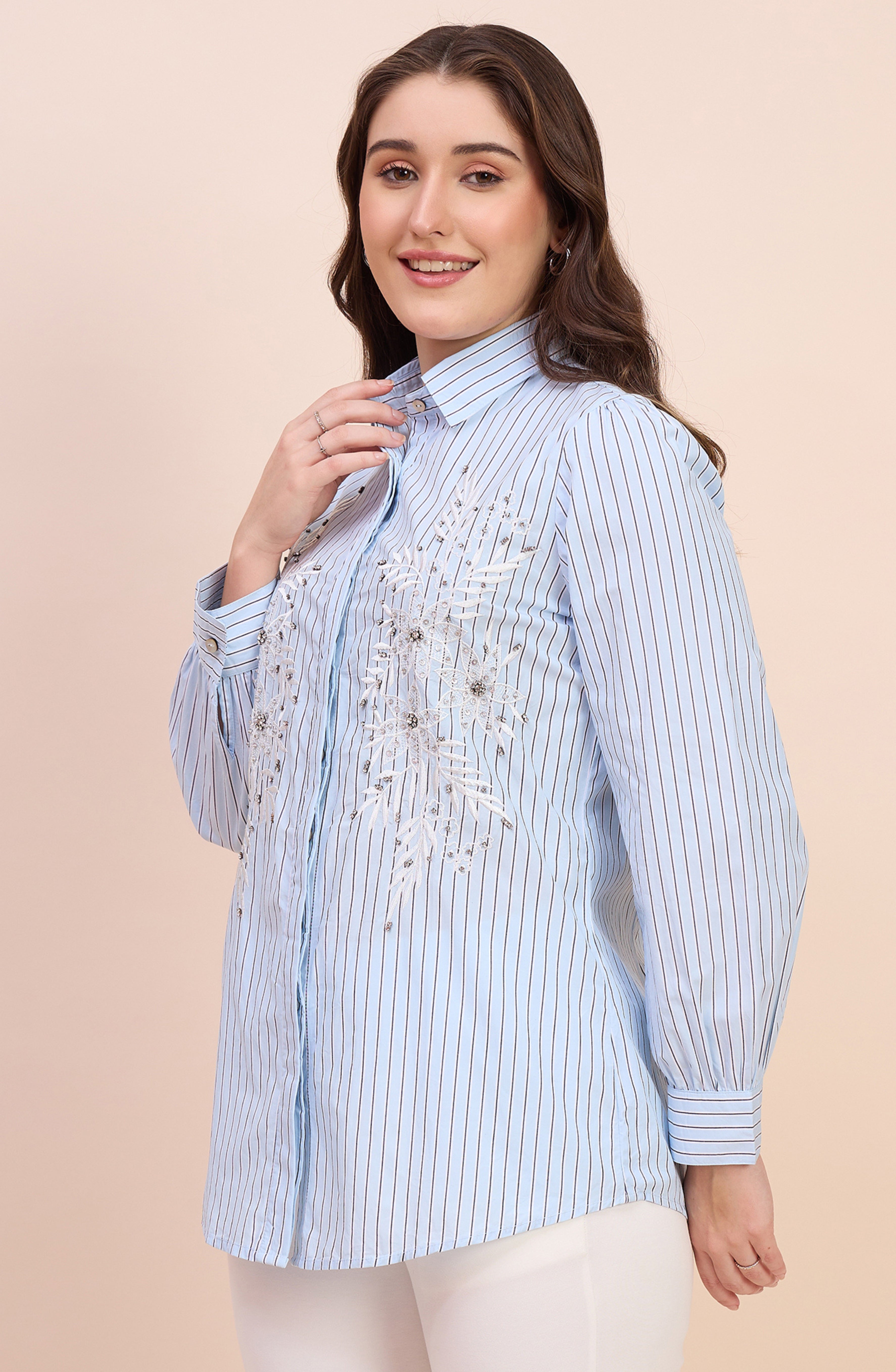 Sky Blue Striped Shirt with Beaded Floral Embroidery