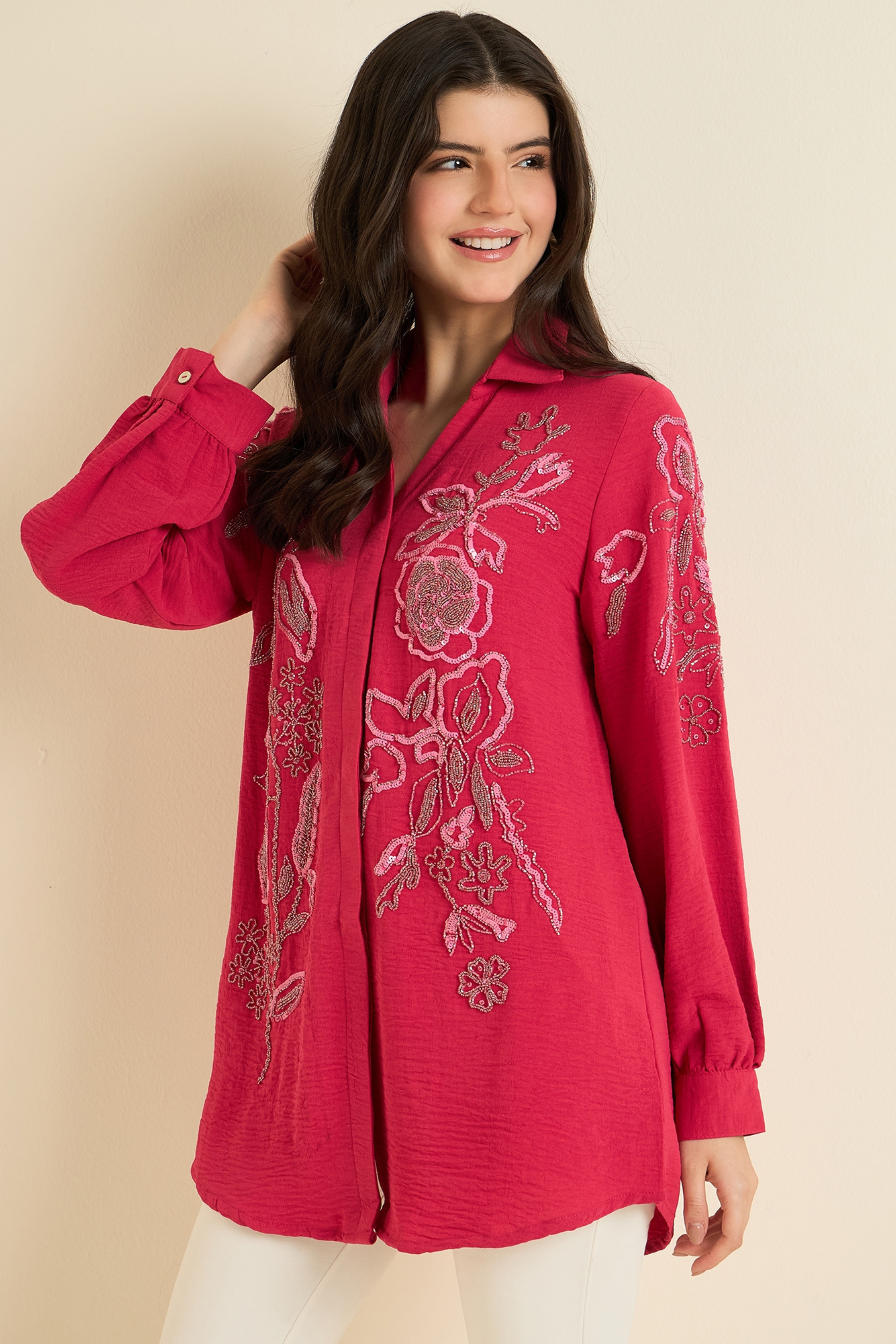 Pink Embellished Thread Work Shirt