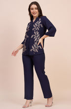 Navy Blue Co-ord Set with Beaded Leaf Embroidery