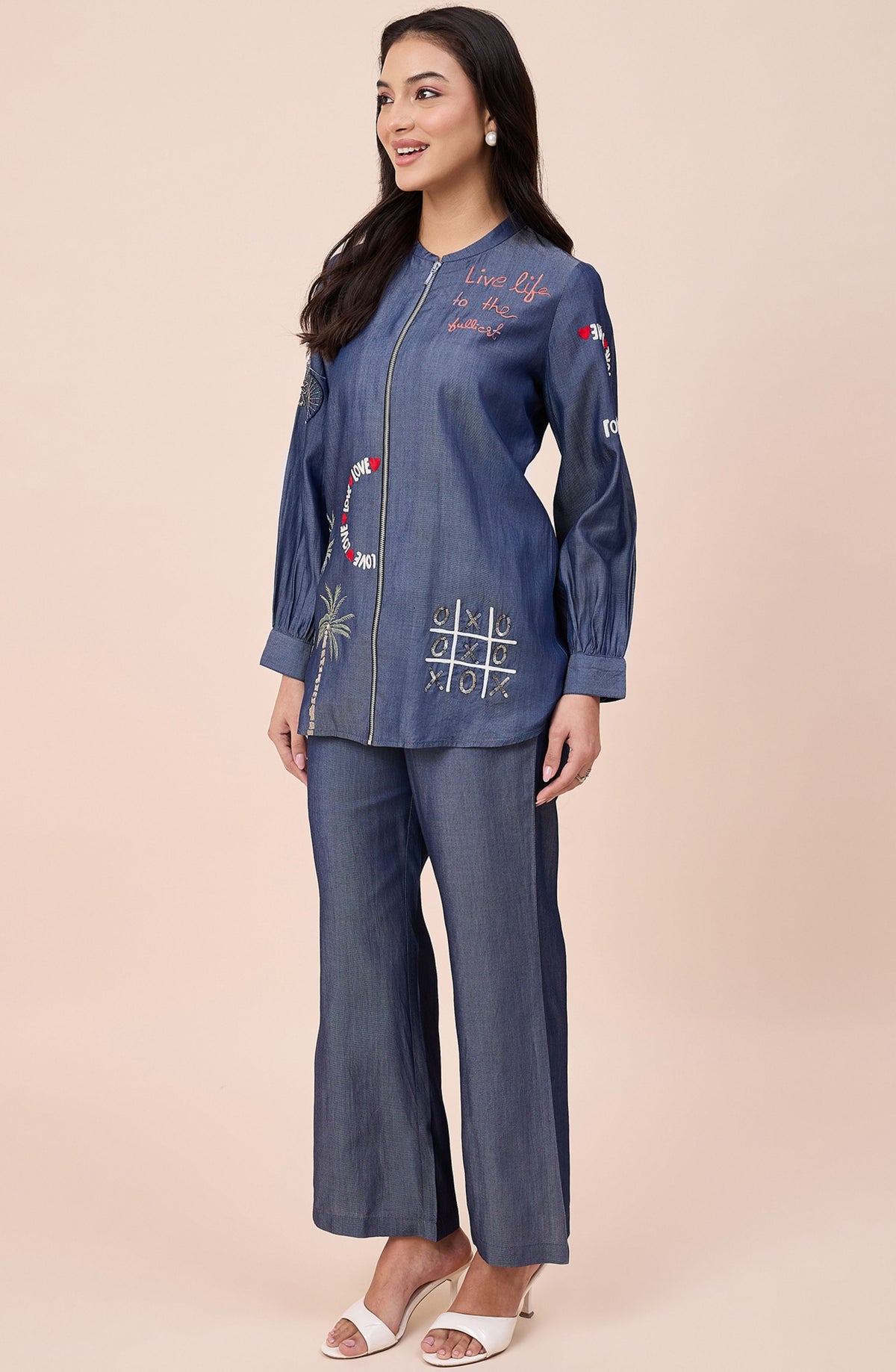 Cotton Denim Love Embellished Zipper Co-ord Set