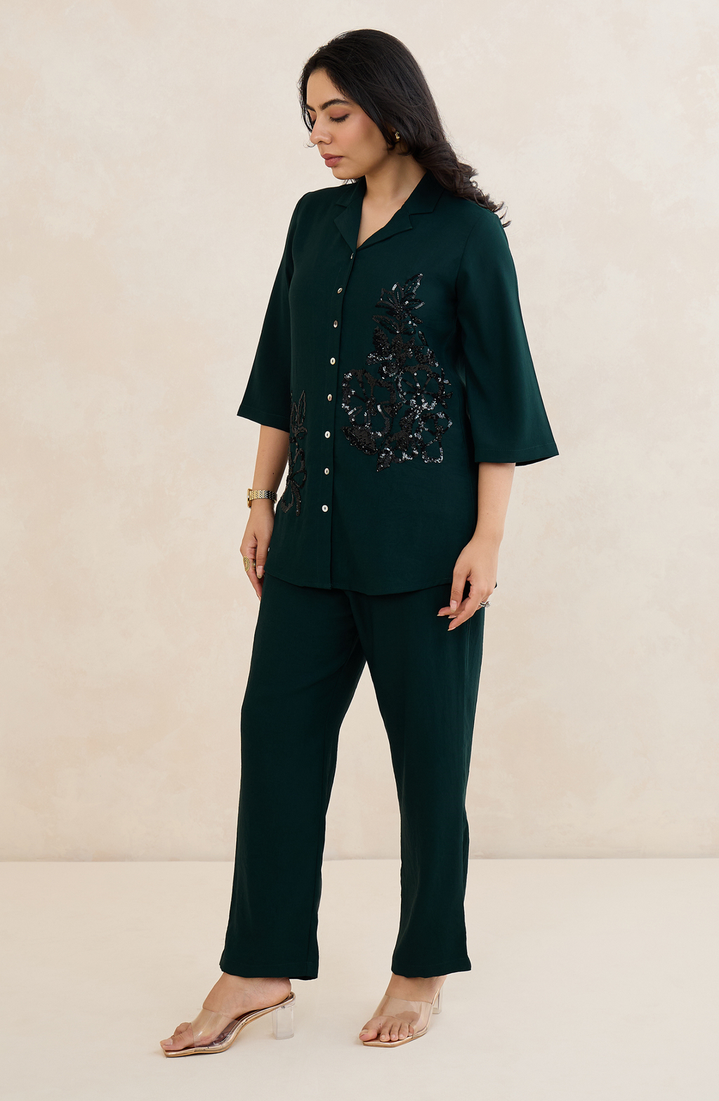 Dark Emerald Floral Sequin Co-Ord Set