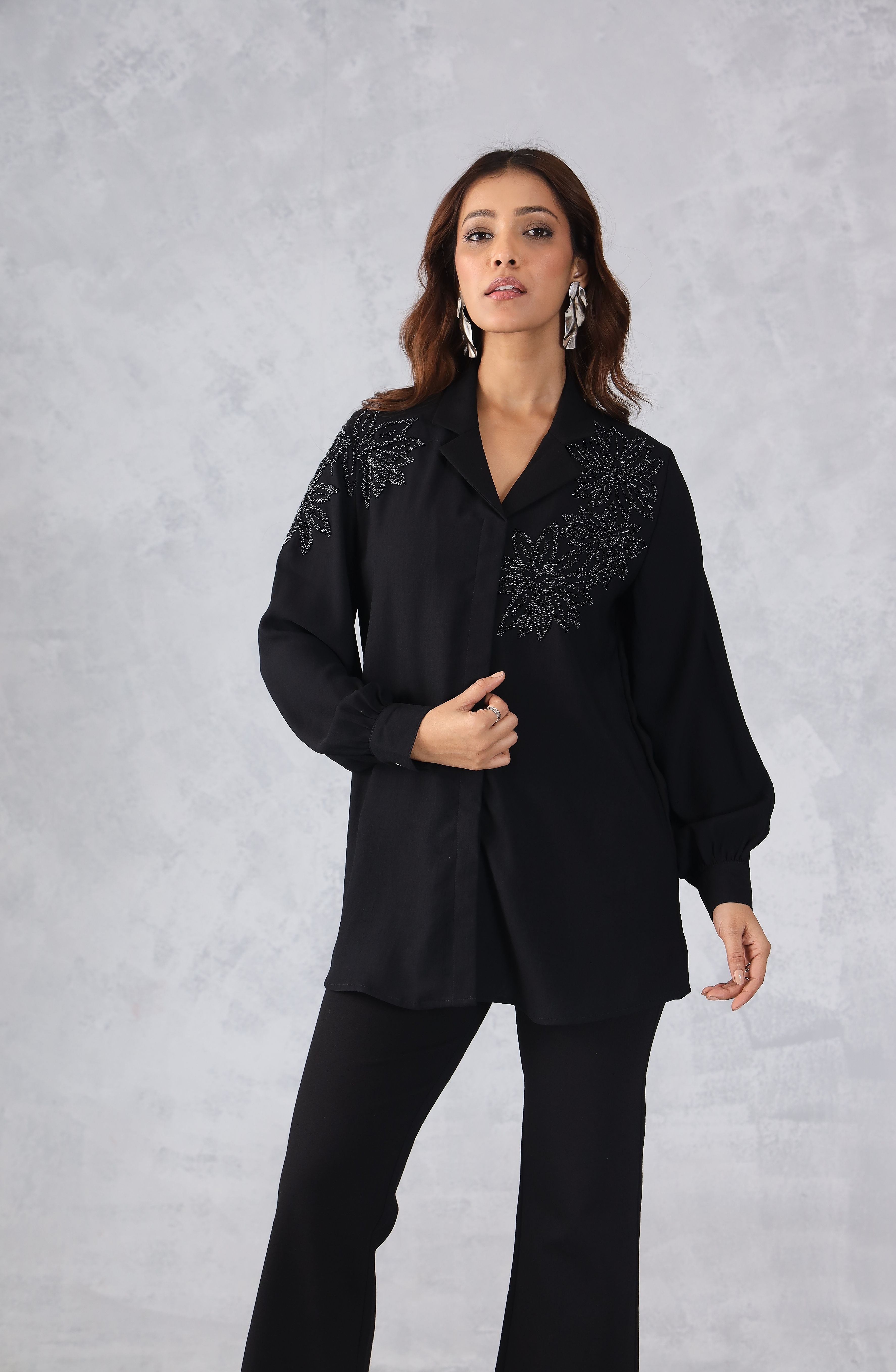 Midnight Bloom Black Floral Embellished Shirt