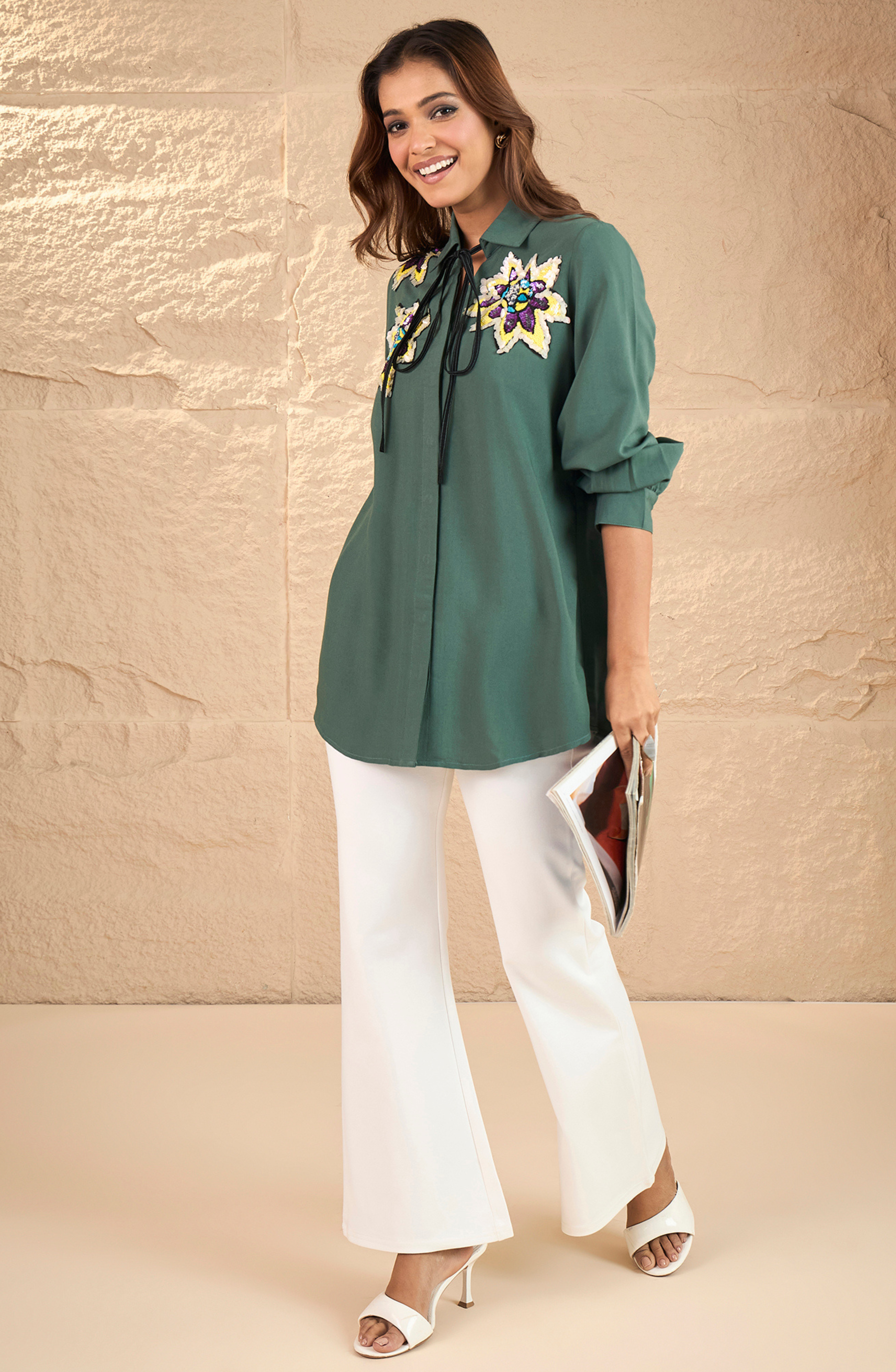 Embellished Knot Style Bottle Green Shirt