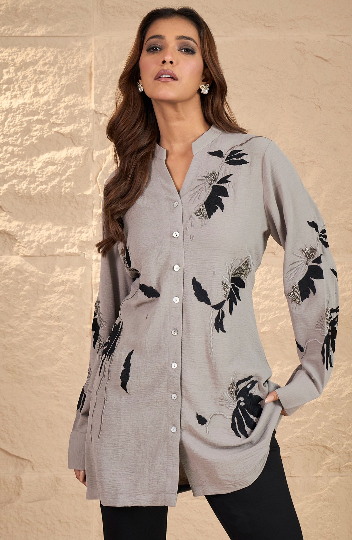 Dull Grey Black Embroidered Shirt