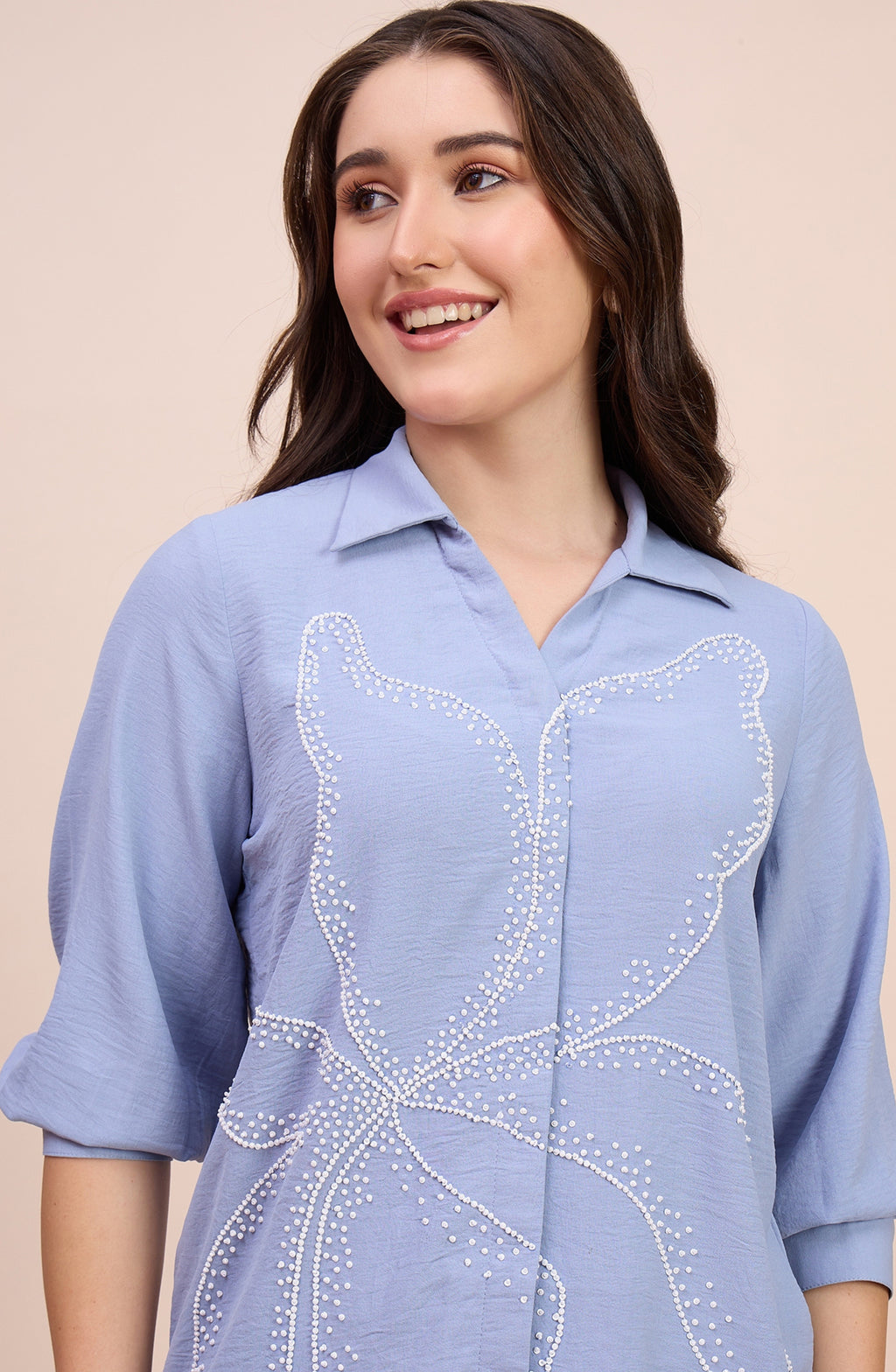 Powder Blue Co-ord Set with Pearl Beaded Floral Motif