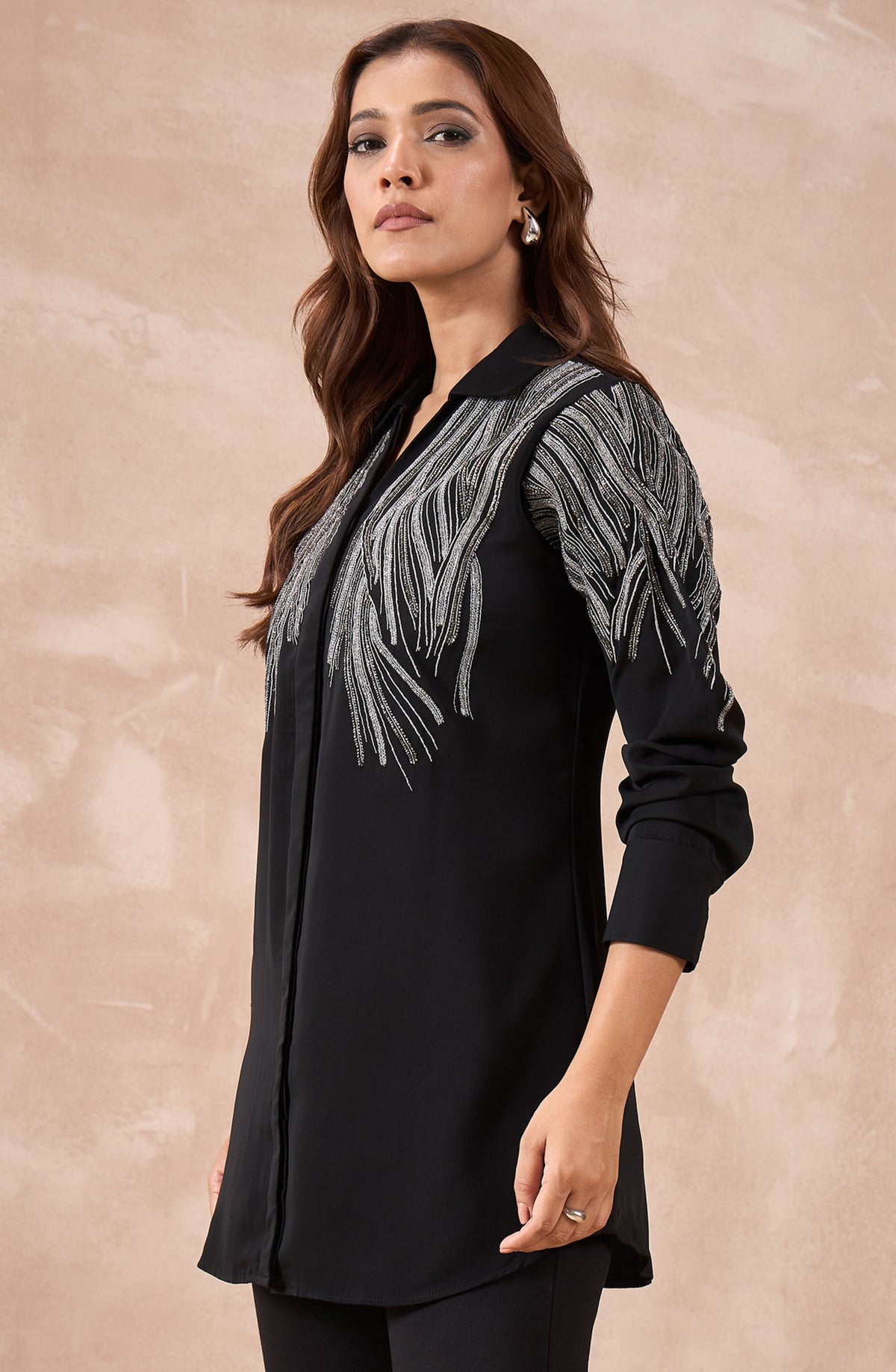 Black Shirt with Silver Metallic Fringe Embroidery
