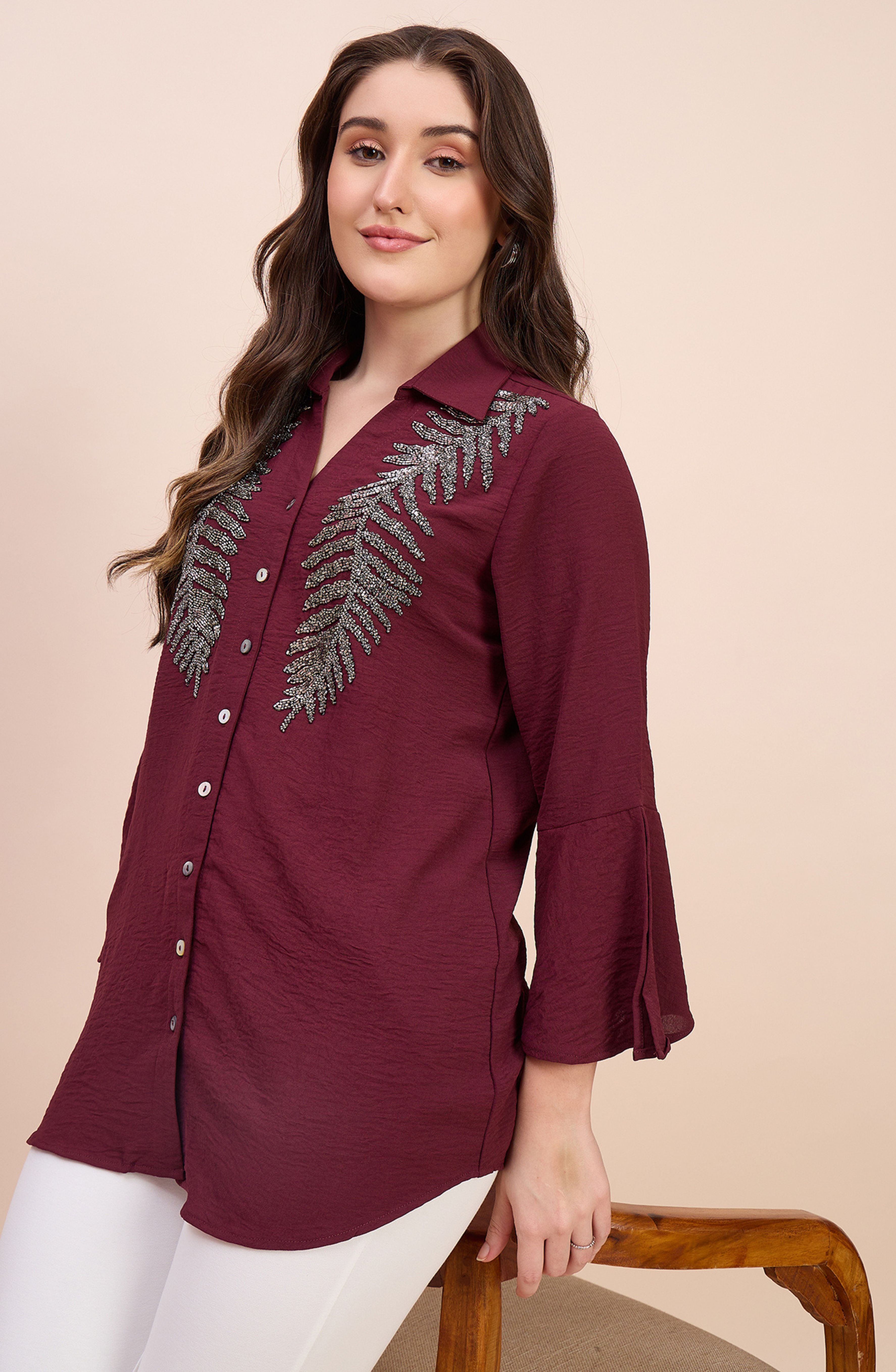 Maroon Shirt with Metallic Beaded Fern Embroidery