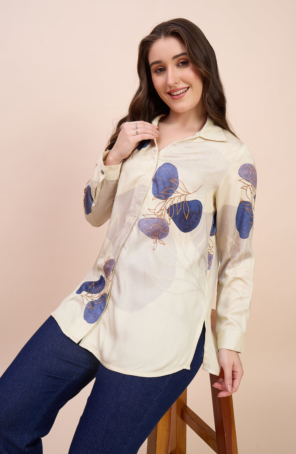 Ivory Satin Shirt with Blue Leaf Print