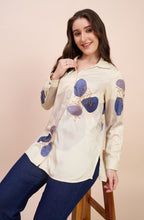 Ivory Satin Shirt with Blue Leaf Print